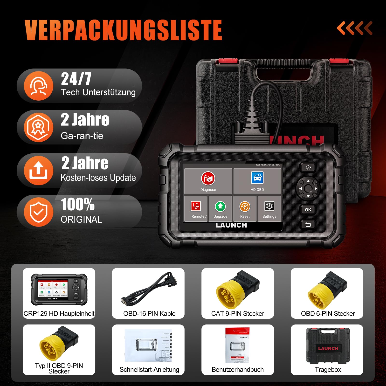 LAUNCH CRP129 HD Elite LKW Scanner, Diagnosegerät Vollständiger System-Codeleser für 24V Schwerlastkraftwagen, mit 7 Rückstellservice für 99% 24-V Lastwagen & Nutzfahrzeuge Heavy Duty Truck