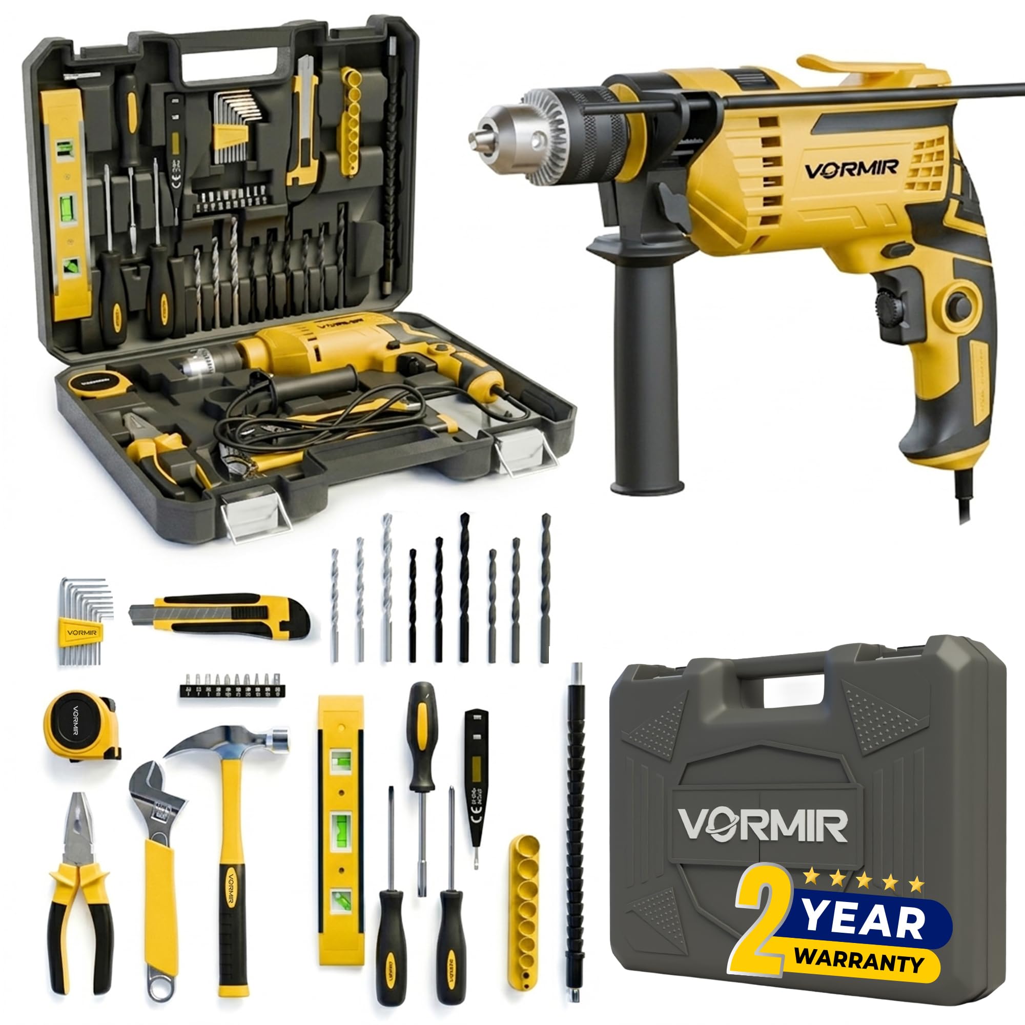 ibell vormir td13-120 650w impact drill tool kit – heavy duty electric drill, 13mm keyless chuck, copper armature, 145 yellow diy, home repair & maintenance hand tools & accessories set