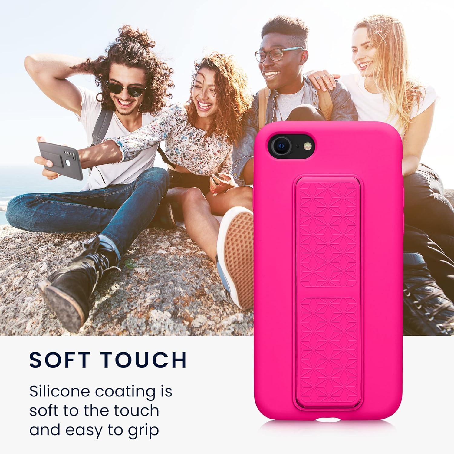 kwmobile Case Compatible with Apple iPhone SE (2022) / iPhone SE (2020) / iPhone 8 / iPhone 7 - Case with Hand Strap and Stand Soft TPU Silicone Coating - Neon Pink - Image 5