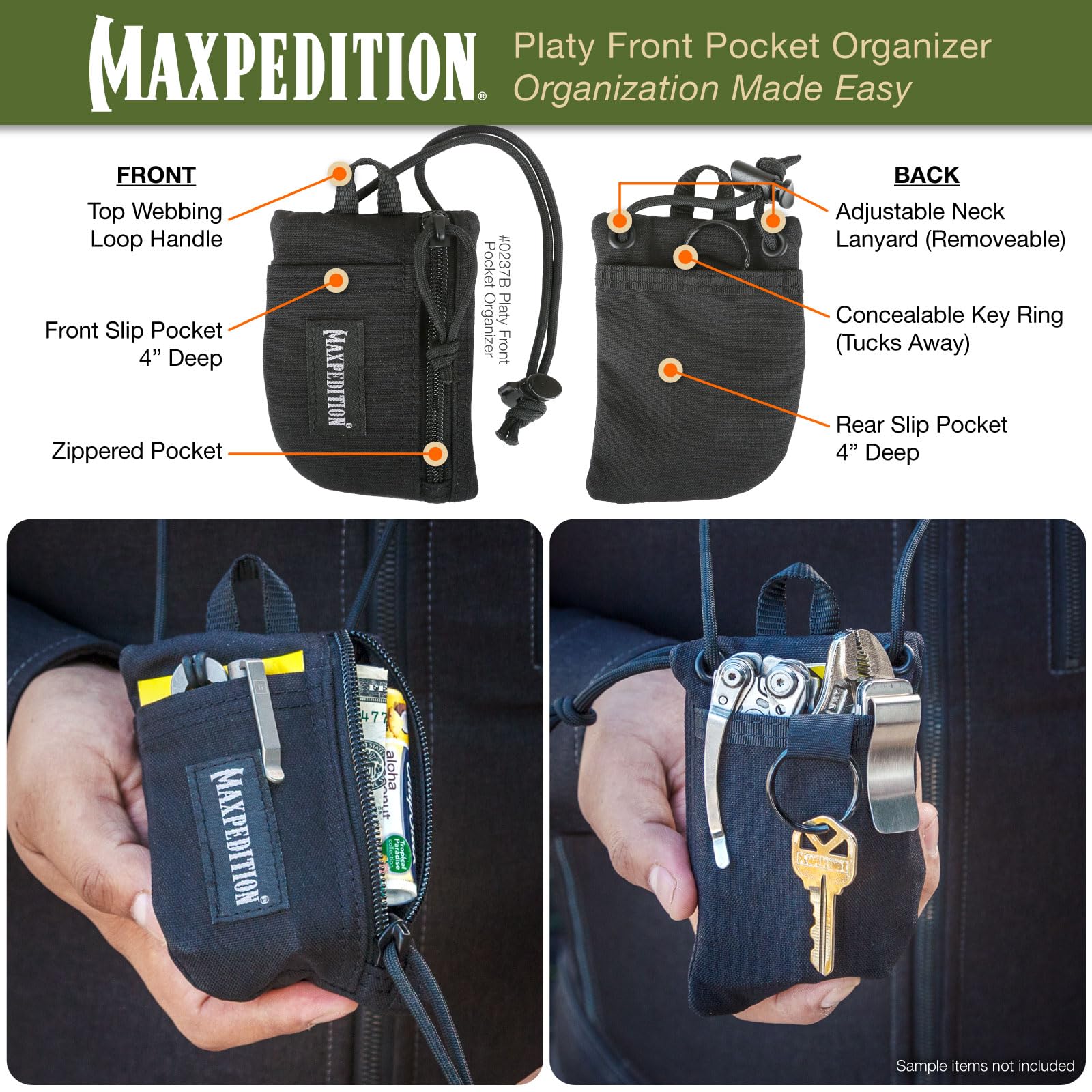 MAXPEDITION Platy Organiseur de poche, pochette à outils EDC durable pour homme, portefeuille tour de cou avec cordon en paracorde, peut contenir une lampe de poche, des outils multiples, un stylo, un