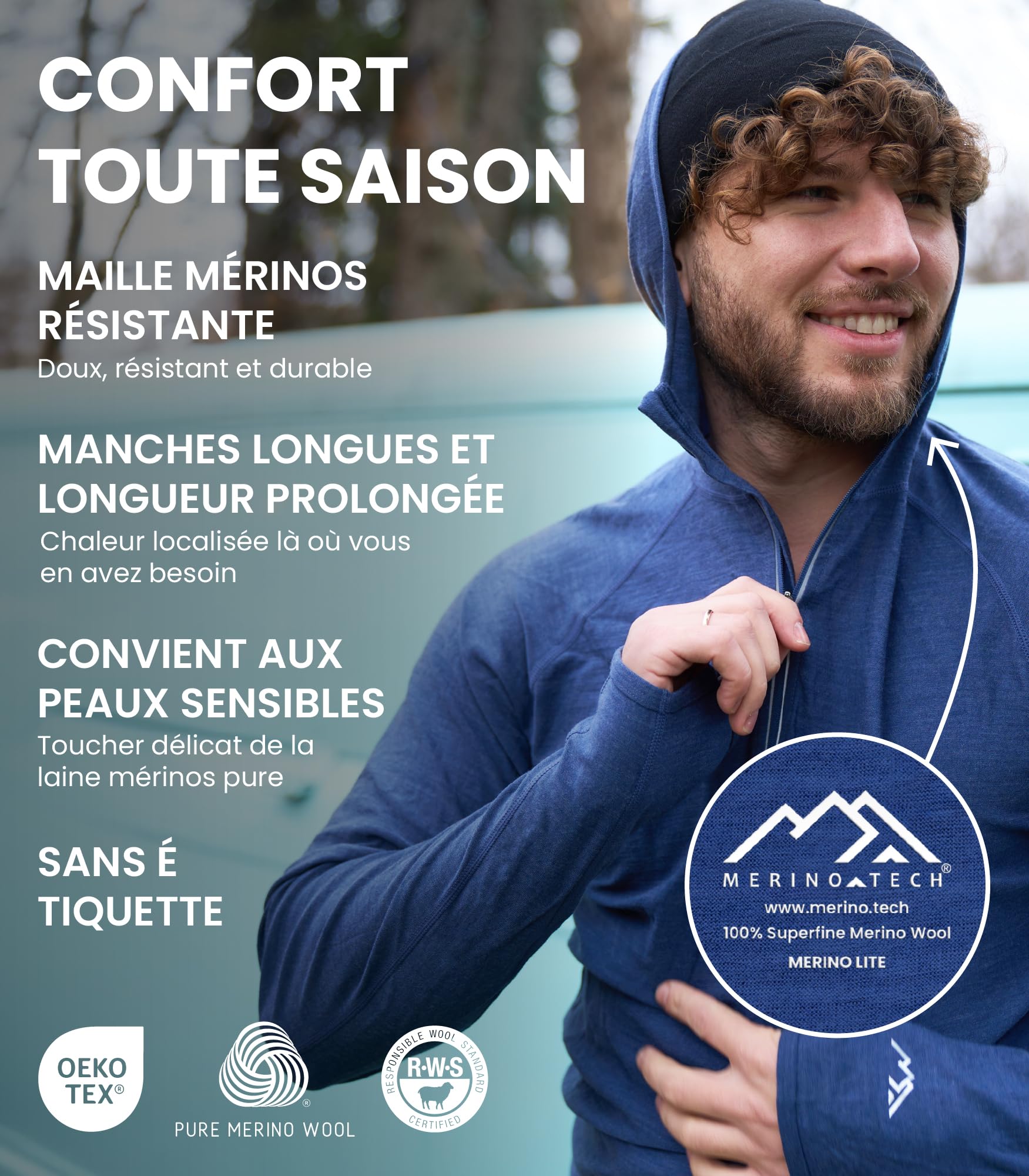 Merino.tech 100% Capuche Pull Homme Laine Merinos - sous Vetement Merinos Homme Coupe Ajustée et Chaussettes