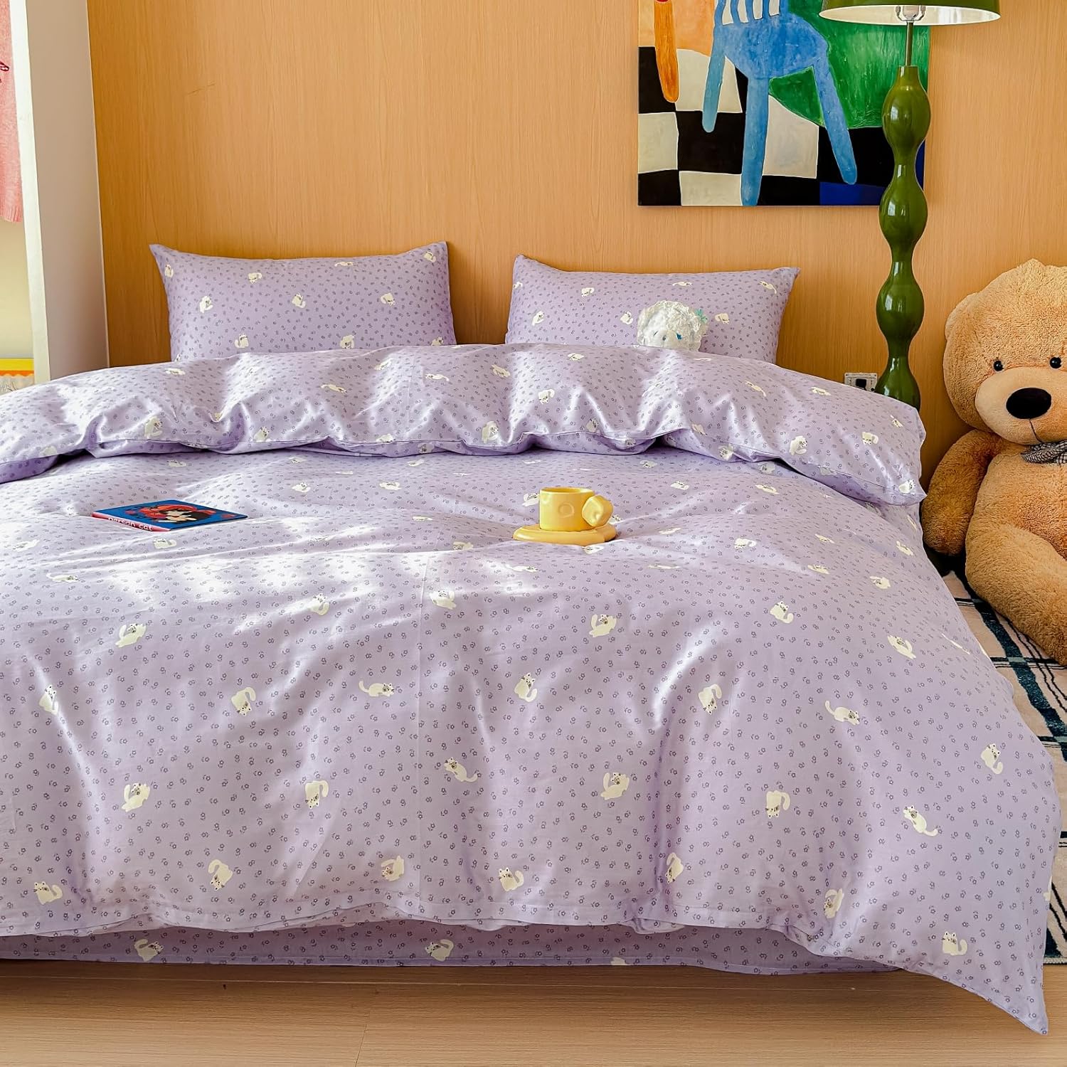 LIWHENHAO Cat Duvet Cover Set Twin 100% Cotton Bedding White Pet Cat Purple Garden Flower on Violet 1 Kawaii Cartoon Animal Comforter Cover Zipper Closure 2 Pillowcases for Kids Girls Boys