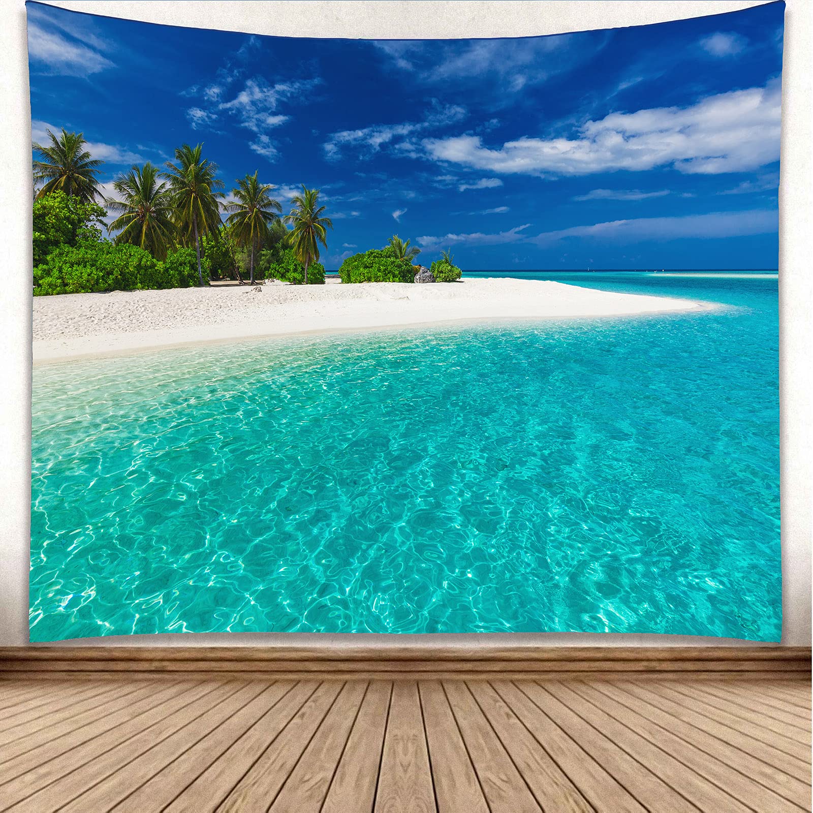 Yisure Light Blue Tropical Paradise Beach Clear Water Ocean Beach Tapestry Small Island Coconut Palm Tree Beach Under Blue Sky Wall Tapestries For Home, 230X180cm