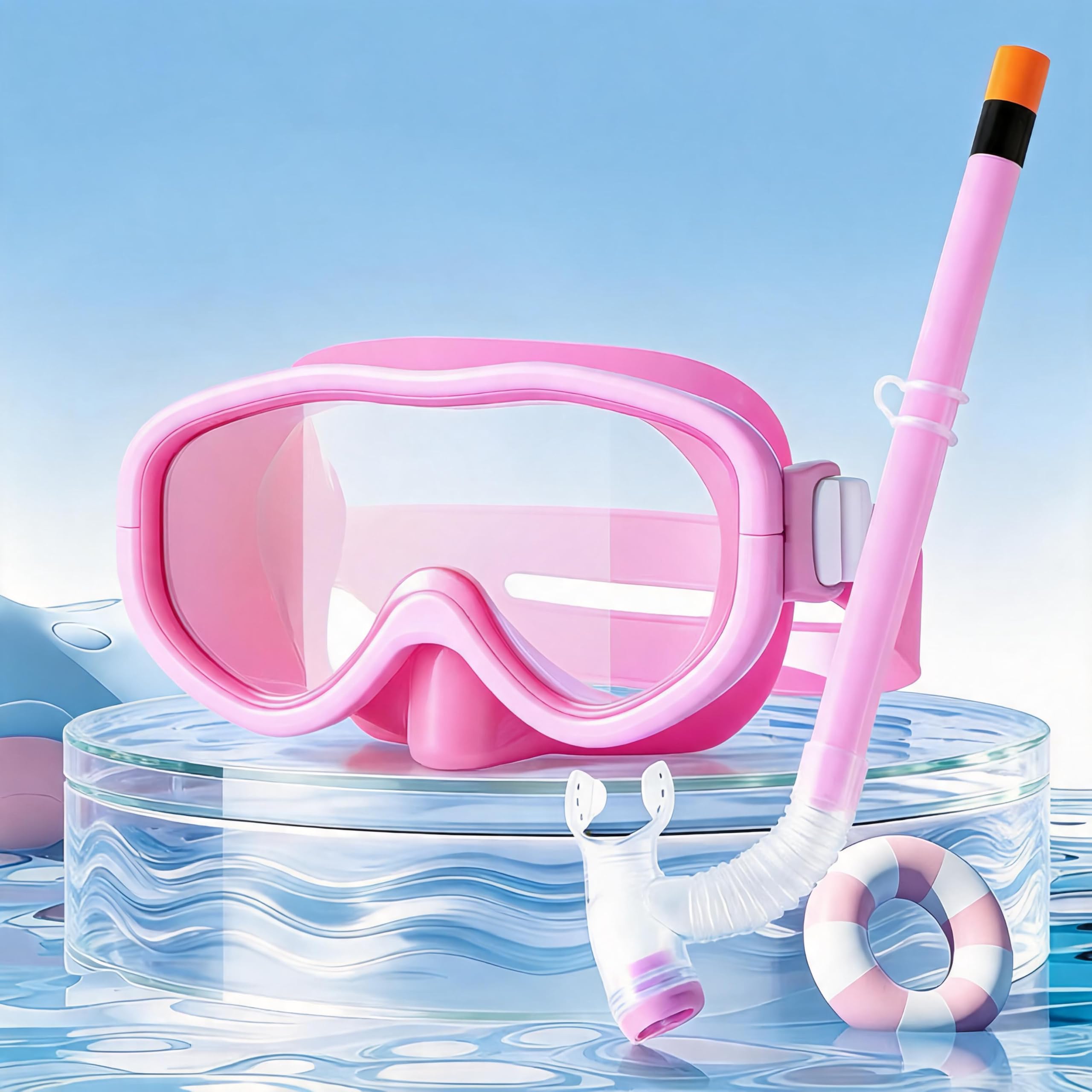 Snorkel Mask Set,Anti-Leak Snorkel Mask with Flexible Snorkel Tube,180° Anti-Fog Panoramic Dive Mask, Leakproof Underwater Dive Mask for Kids, Pool & Beach Swimming Accessories Equipment (Pink)