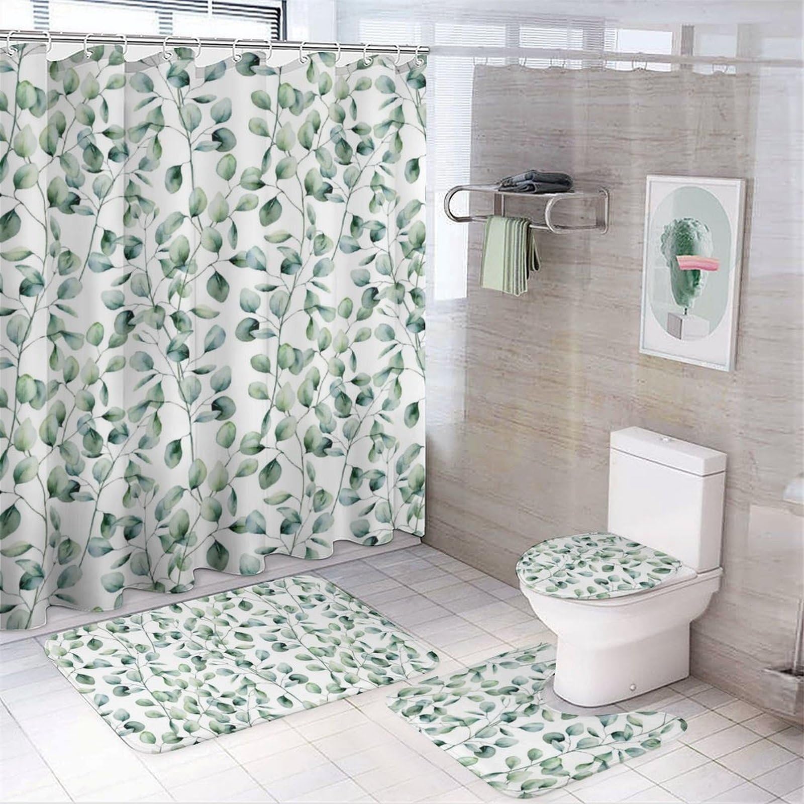 JZemdybill Bathroom Mat Set 4 Piece, Eucalyptus Leaves Shower Curtain with Non-Slip Bath Mats for Bathroom