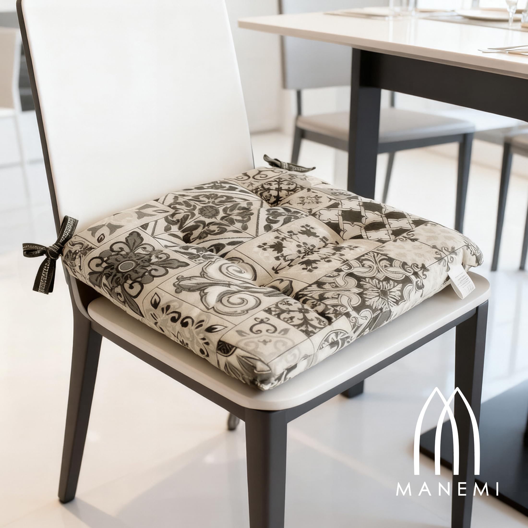 MANEMI Cojín de Silla 40x40x4 cm con Lazos, Mezcla de algodón y poliéster, Relleno de Espuma Suave, diseño con 4 Puntos de Costura, Lavable a máquina, Ideal para Cocina, Comedor o jardín