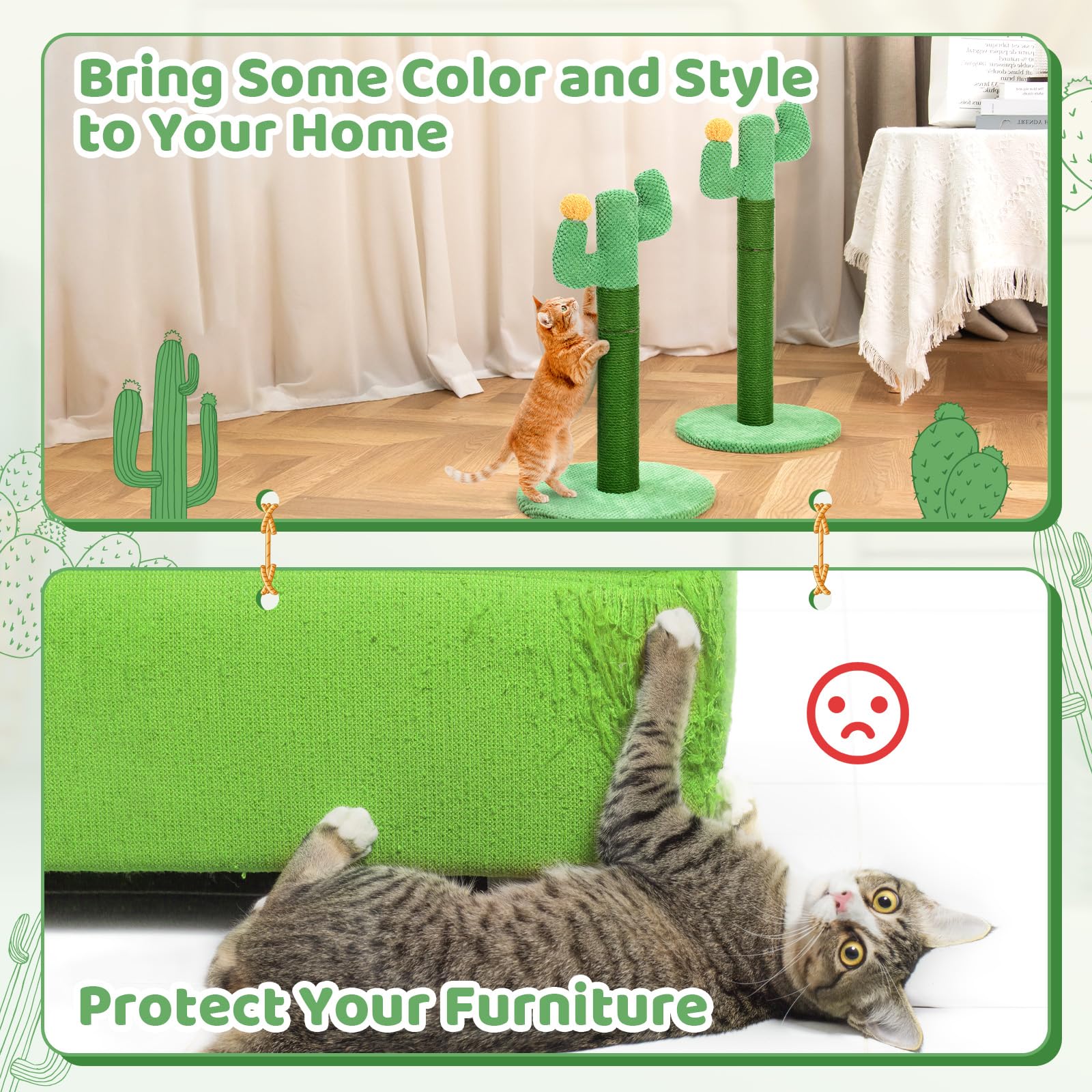 Happy & Polly Cactus Griffoir pour Chat 50 cm - Poteau en Corde de Tissu Résistant Jute Naturel - Grattoir Base Stable pour Chatons et Chats Adultes d'Intérieur - Vert