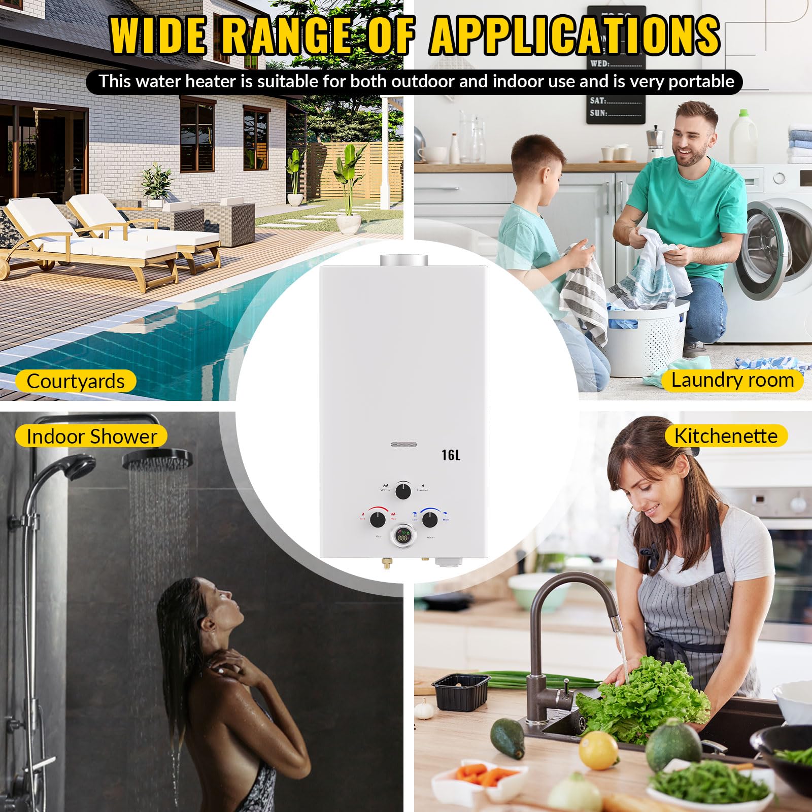 Scaldabagno a Gas GPL 16L Istantaneo Portatile da Esterno Senza Serbatoio, Montaggio a Parete. Modalità inverno/estate, Display Digitale, Molteplici Dispositivi di Sicurezza, Classe Energetica A