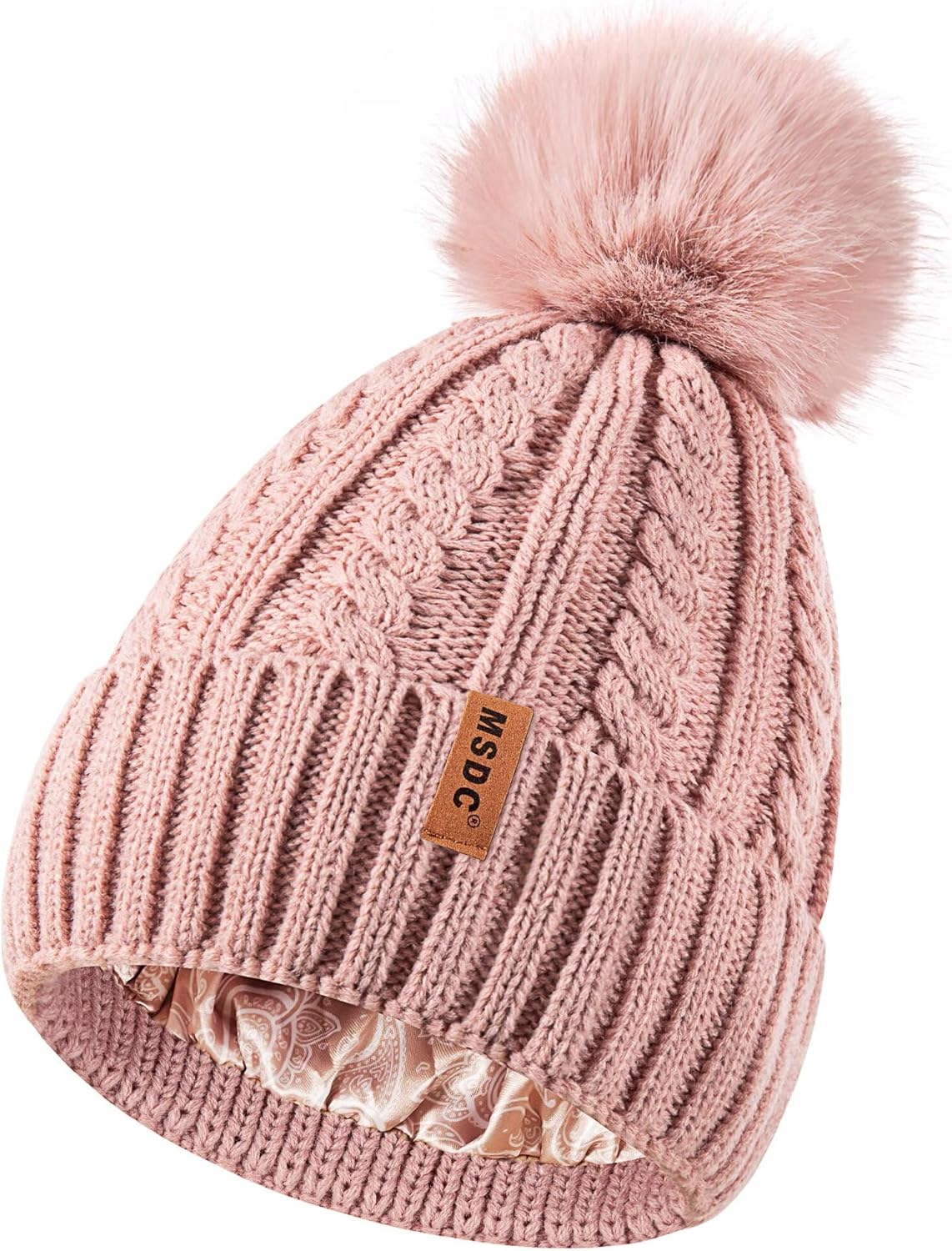 MSDC Satin Lined Beanie for Women with Pom Pom, Warm Womens Winter Hats with Silk Lined, Fashionable Knit Beanie Skull Cap