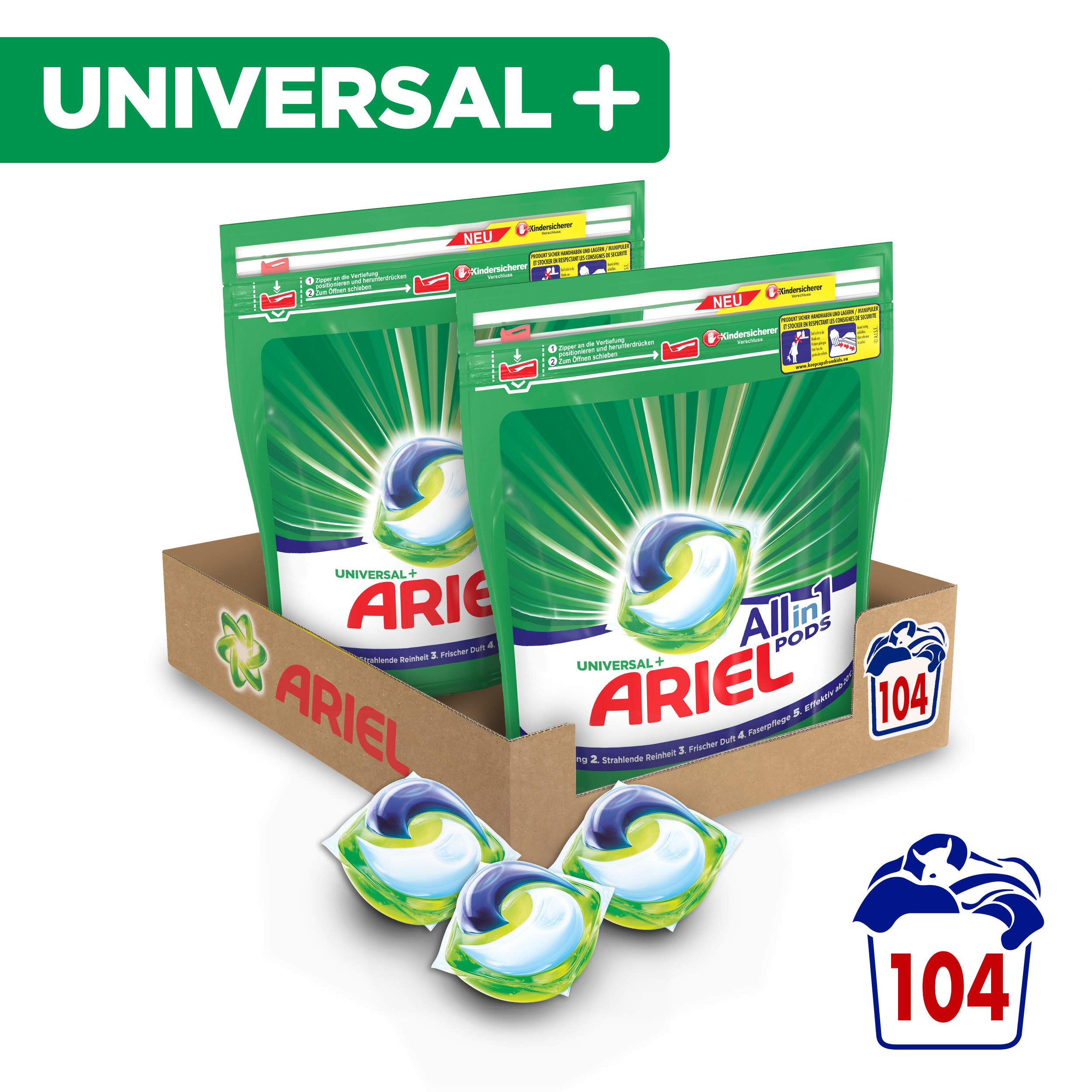 Ariel Detergente Pods All-in-1, 104 lavados, brillante, puro, lavado respetuoso con el medio ambiente, 104 unidades