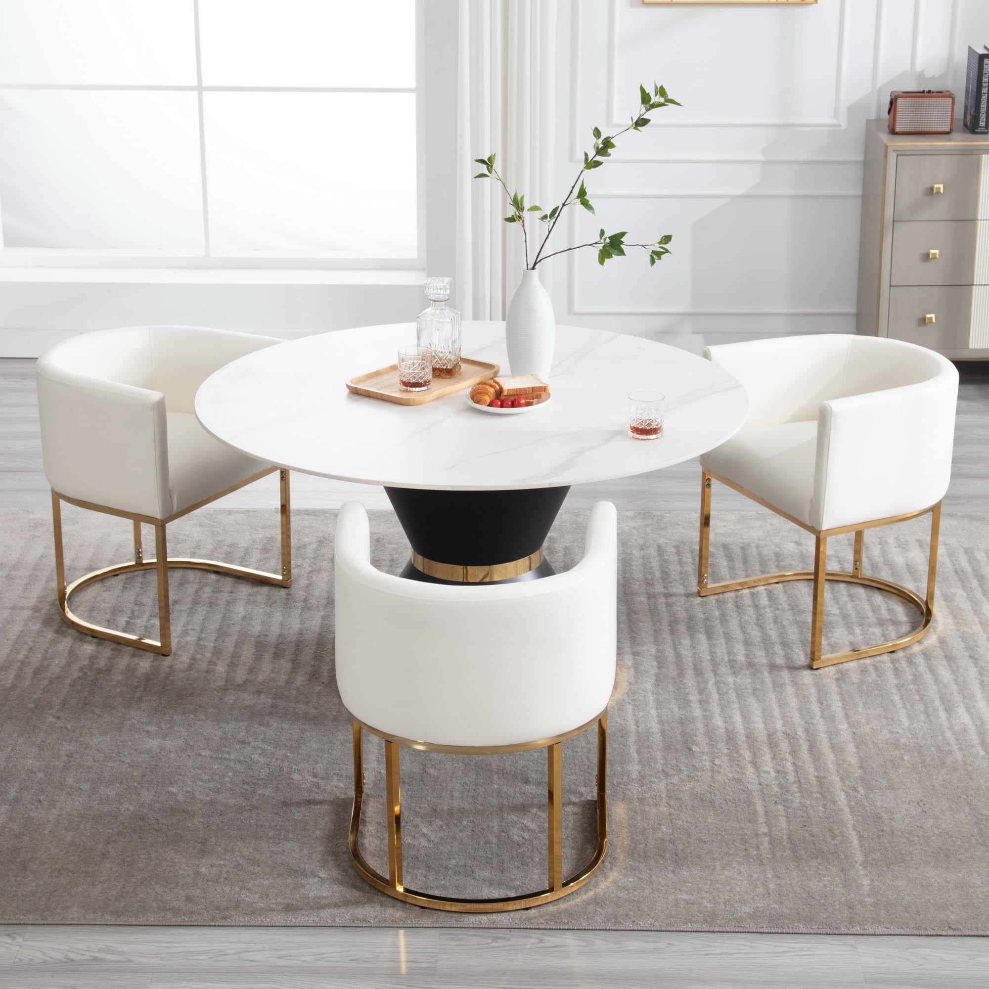 BESTANO Faux Leather Dining Chairs Set of 3 Modern Barrel Armchairs with Golden Metal Frame, Upholstered Kitchen Chairs 18.5" Wide Accent Chairs for