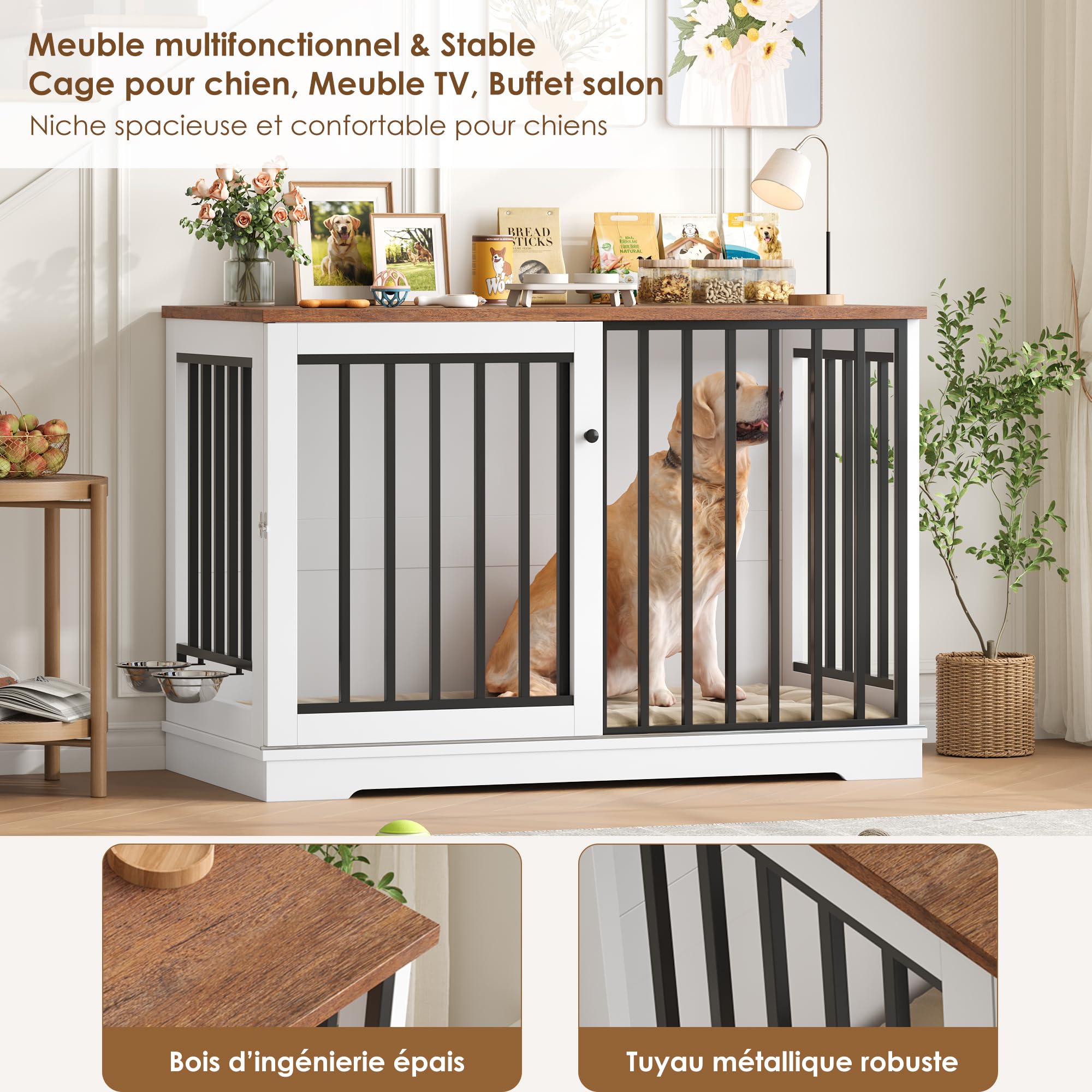 Cage pour Chien 120 cm XXL avec Porte Coulissante Meuble Buffet 2 Plateaux Amovibles Blanc Marron
