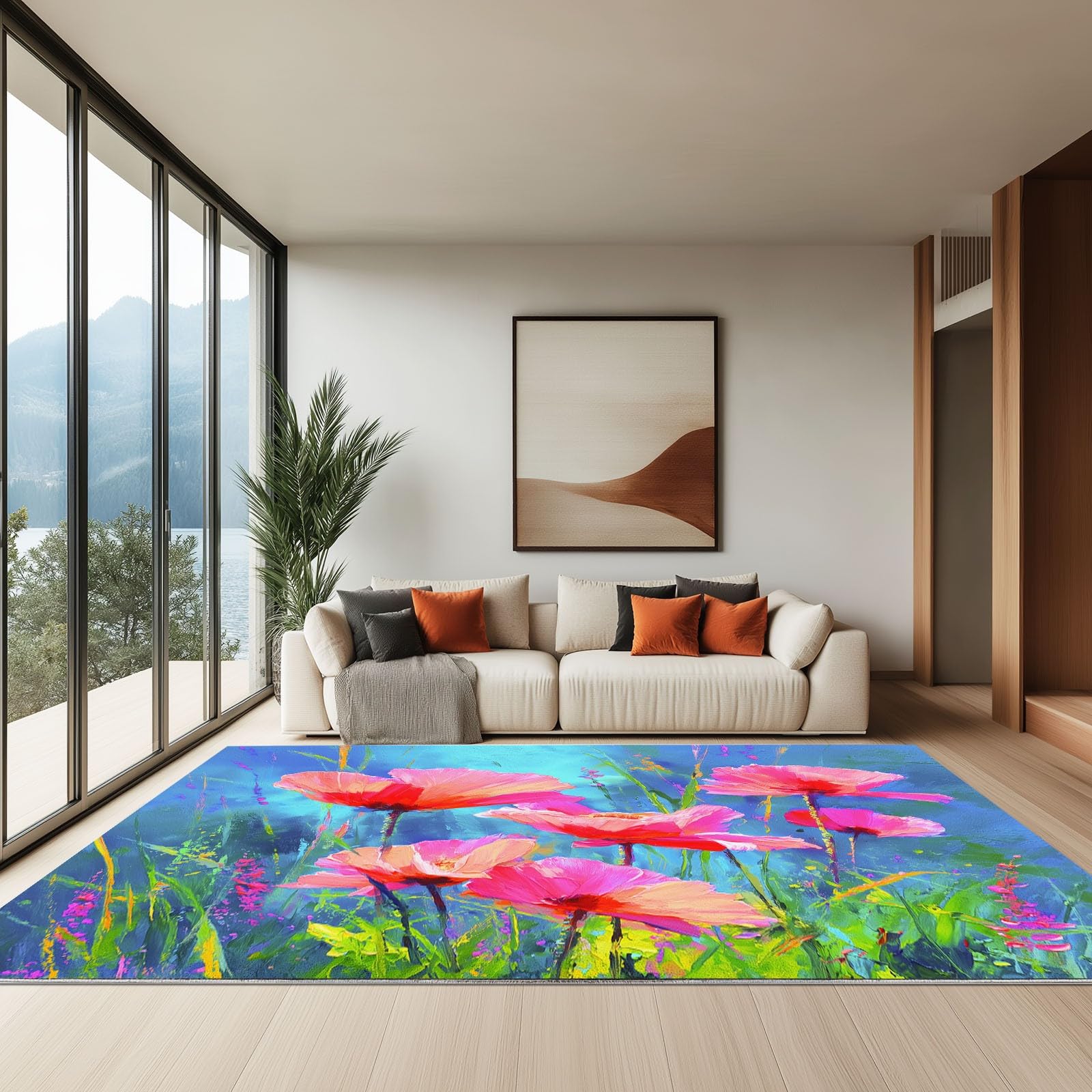 Dywan do salonu abstrakcyjny obraz olejny kwiaty trawa, krótki polar duże dywaniki 140 x 200 cm miękkie, zmywalne, idealne do sypialni, przedpokoju salonu, kuchni, biura, wnętrz niebieski