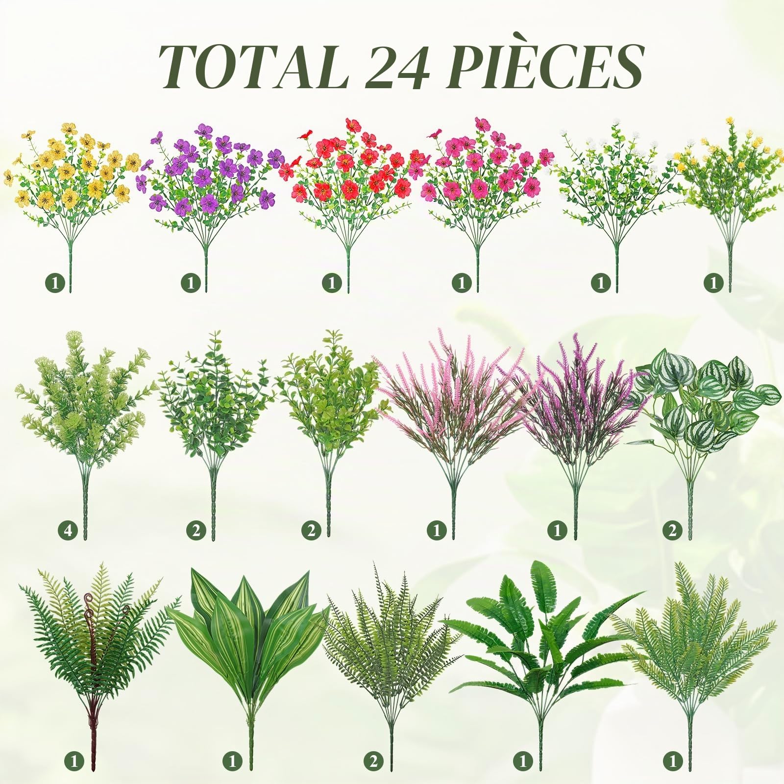 Lot de 24 plantes artificielles pour extérieur, fleurs artificielles résistantes aux UV, fleurs de verdure en soie, arbustes en plastique, plantes artificielles pour jardin, porche
