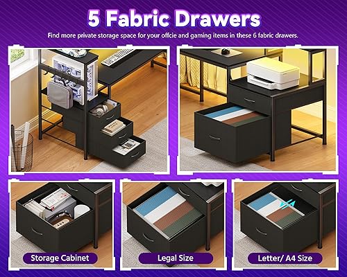 Miniatura 5 de Escritorio para juegos en forma de L de 67 pulgadas con luces LED y tomacorrientes, escritorio reversible en forma de L con cajones y estantes de