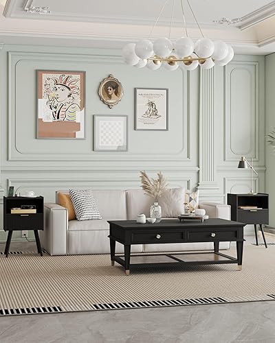 Miniatura 3 de Mesita de noche, moderna mesita de noche con cajón de almacenamiento y estante de madera abierta, mesita de noche decorativa con patas de madera