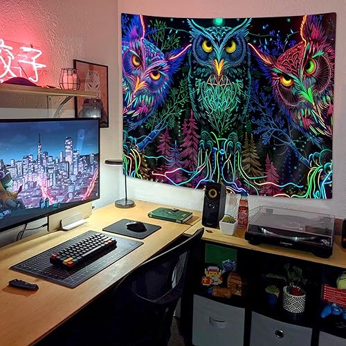 Miniatura 4 de JAWO Tapiz psicodélico de búho, diseño de línea de bosque trippy, tapiz para colgar en la pared para dormitorio, luna, animal, pájaro, luz negra,