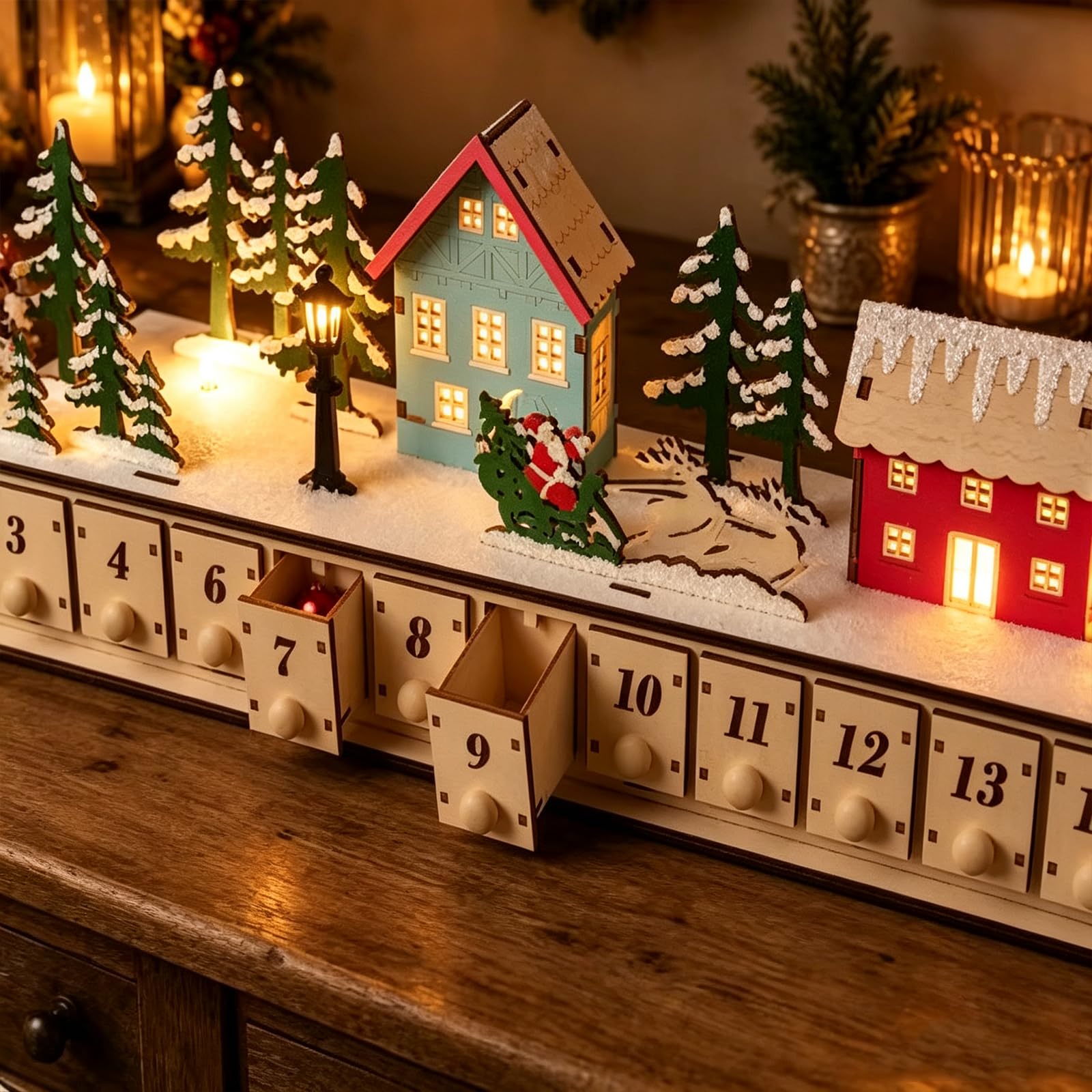 Calendario dell'Avvento in legno con villaggio di Natale luminoso, a batteria, decorazione natalizia con 24 cassetti riempibili, decorazione per conto alla rovescia per 24 giorni, decorazione