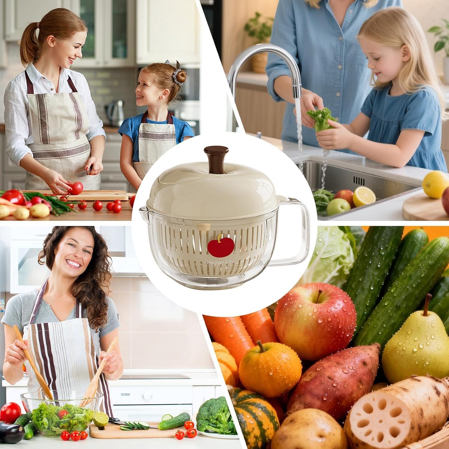 Fruit and Vegetable Washer Bowl, Manual Use, 21x17cm, Hand-Crank Crank Salad Spinner with Strainer Basket, Fruit Cleaner Colander with Handle, Time-Saving Tool, for Any Kitchen