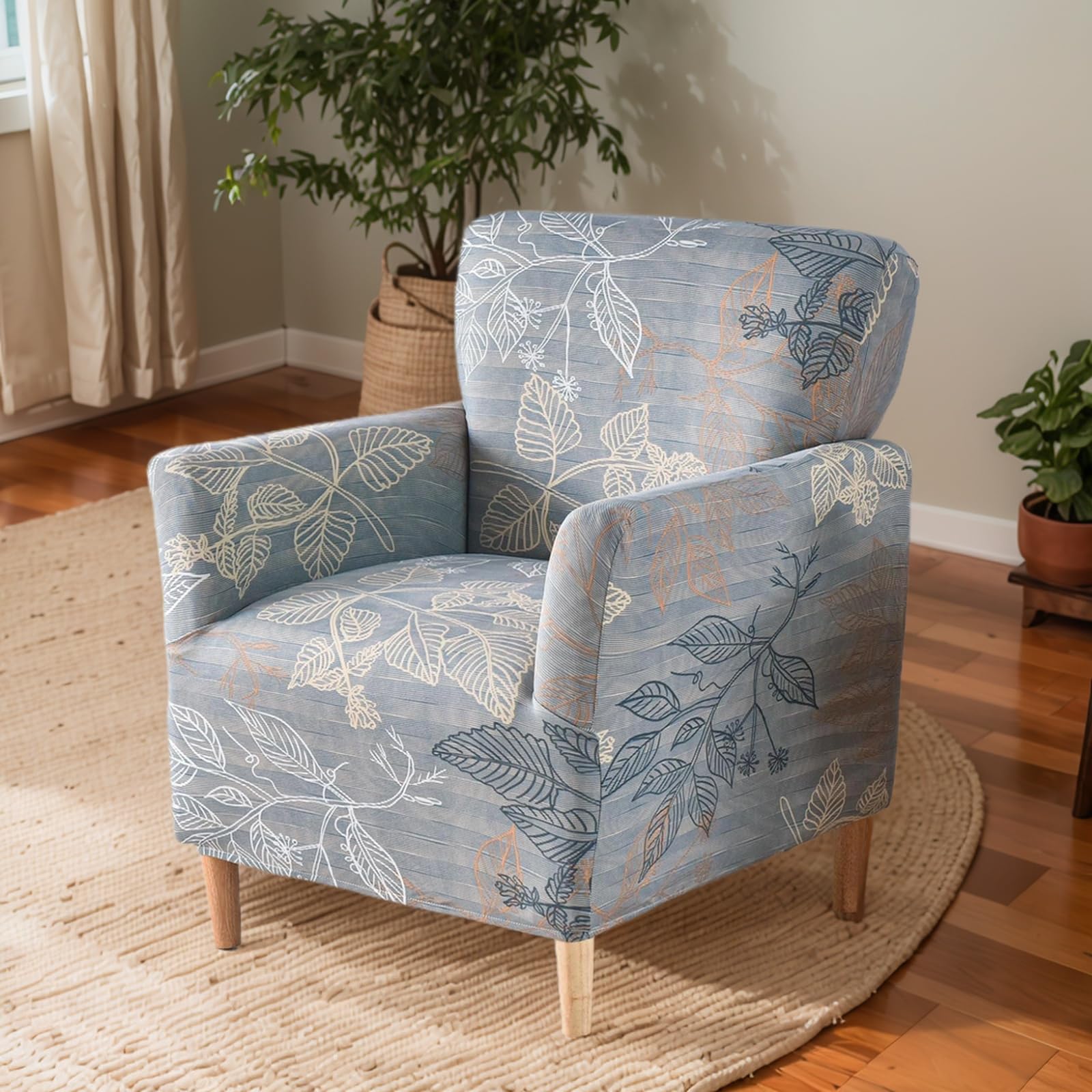 OKYUK Banquet Armchair Slipcovers Printed Chair Slipcovers with Arms 1-Piece Stretch Chair Covers for Living Room Anti Slip Soft Armchair Slipcover Kids Pets Friendly Furniture Protector (Gray leaves)