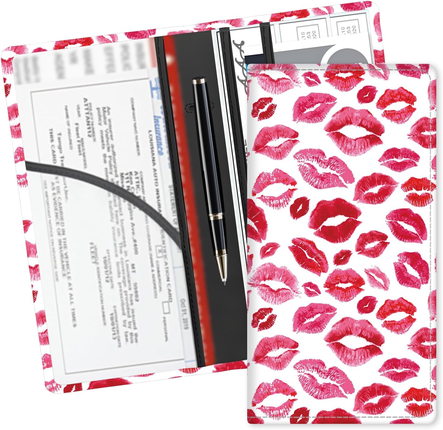 Leather Car Registration and Insurance Card Holder, Cute Car Accessories Vehicle Glove Box Car Organizer for Documents, Cards, License Luxury Red Lips