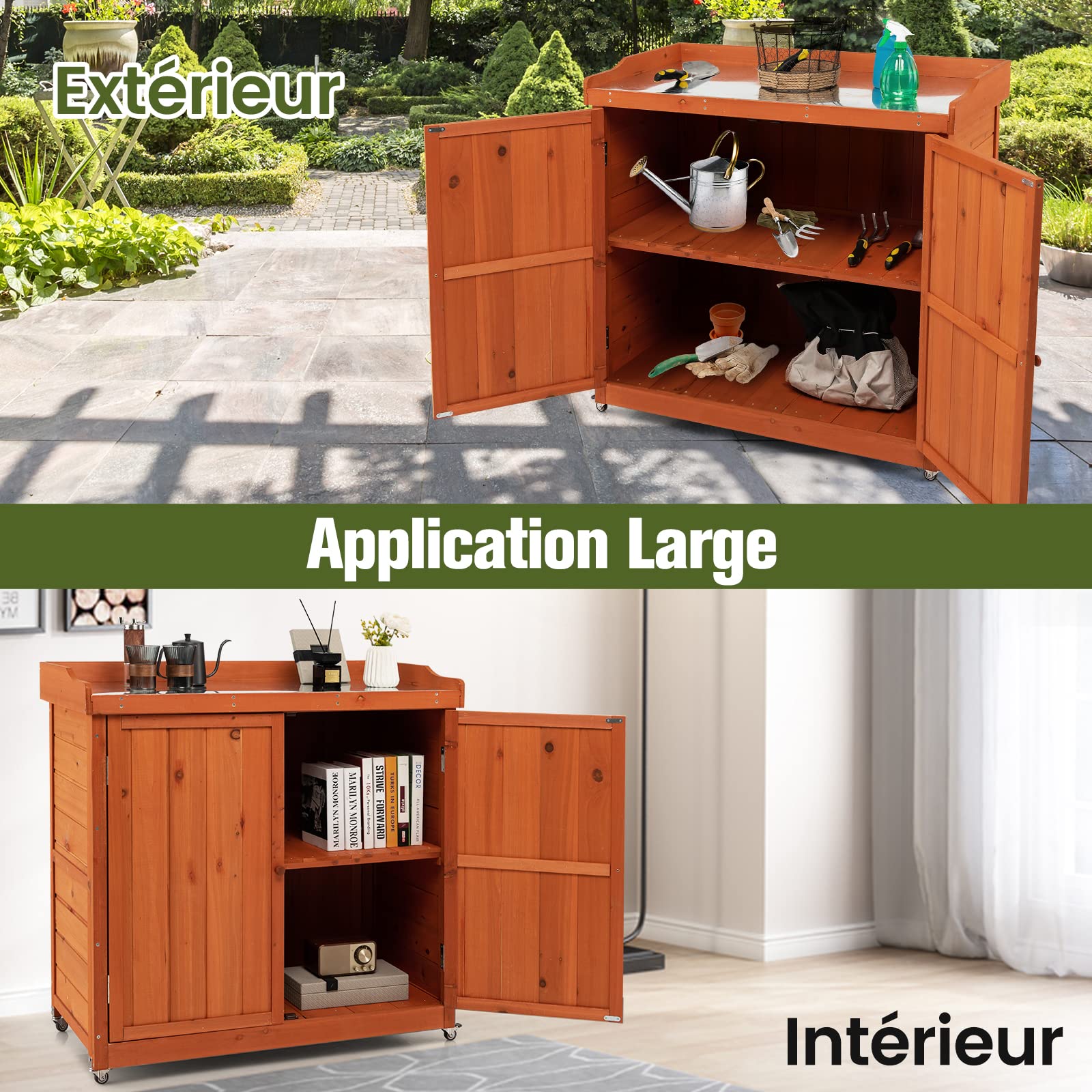 COSTWAY Armoire de Jardin en Bois Extérieur 2 en 1, Table de Jardinage avec Porte, Etagère Amovible et 4 Roues Universelles Plateau en Acier Galvanisé pour Cour, Jardin
