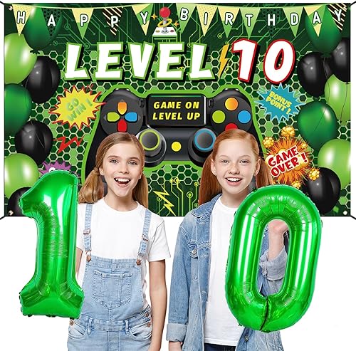 Miniatura 9 de Vlipoeasn Juego de 90 decoraciones de fiesta de videojuegos de cumpleaños número 10 para niños, suministros verdes de 10 cumpleaños, telón de fondo