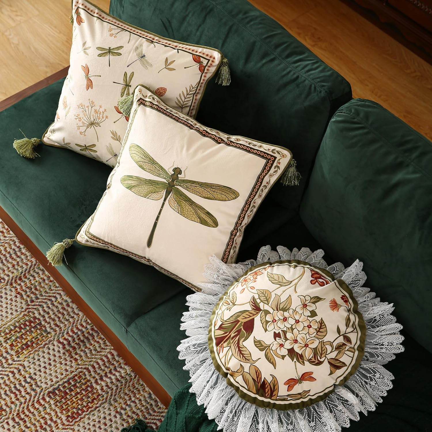 ISAENNE Design Square Vintage Cottage Throw Pillow Covers 18"x18" Set of 2,Velvet Cushion Cover with Green Dragonfly Flowers Border Pattern Decor Pillowcases for Bed,Living Room,Outdoor,Car