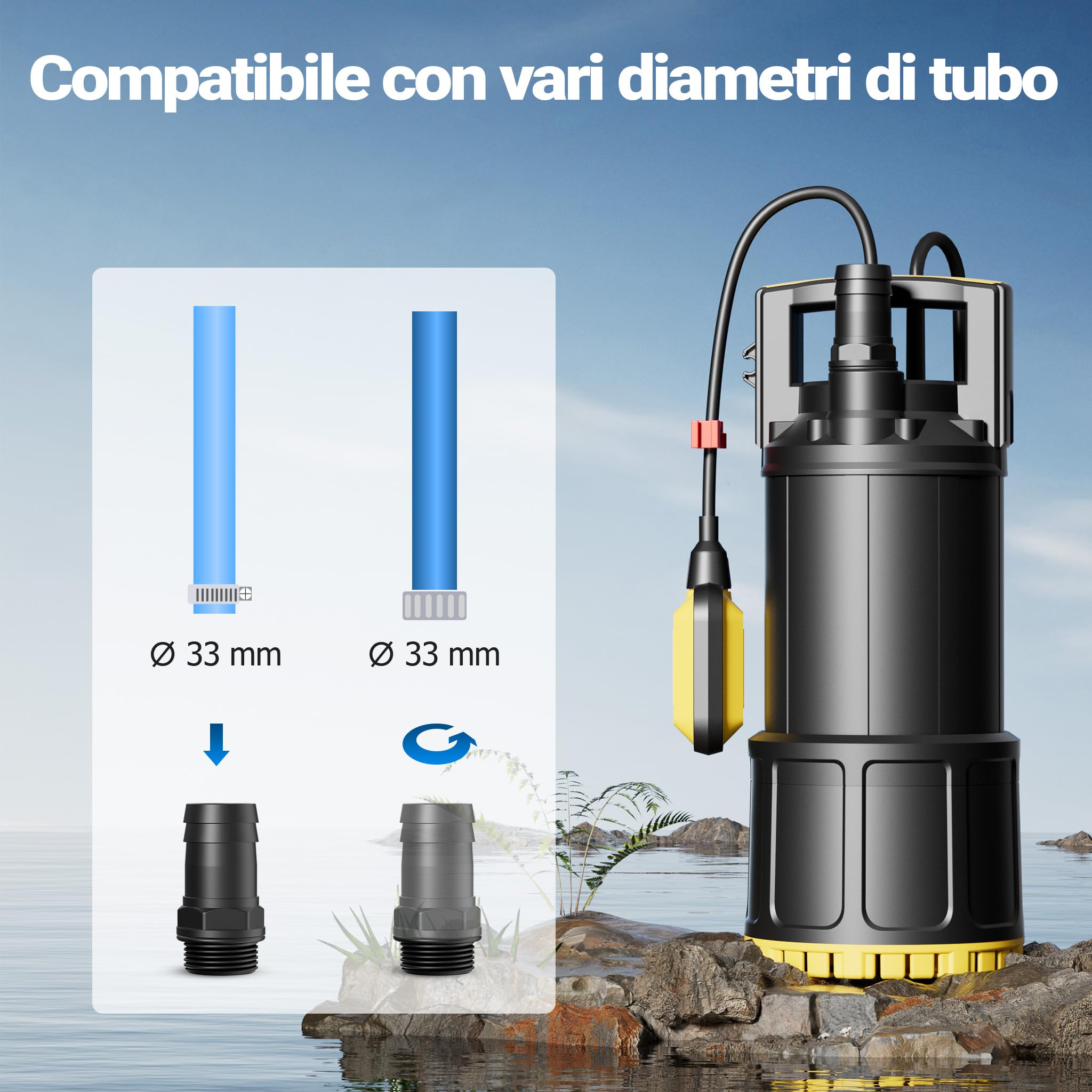 Wiltec Pompa sommersa, 1000W 5500 l/h, prevalenza 30 m, Elettropompa a immersione per pozzi e cisterne