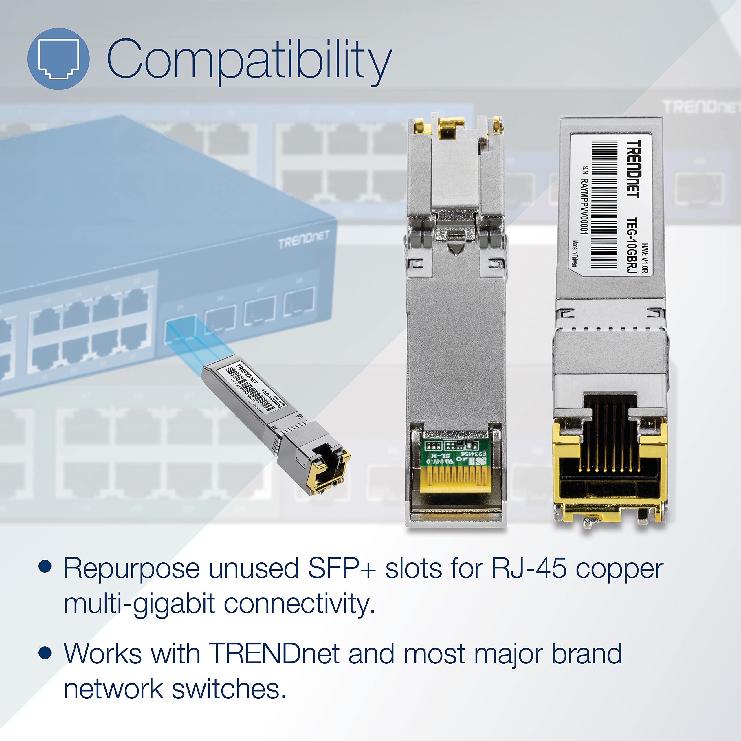 TRENDnet Module SFP+ en cuivre RJ-45 10 G, convertit Un Emplacement SFP+ Standard en Un Port RJ-45 Multi-Gigabit, connecte des appareils jusqu'à 30 m, branchable à Chaud, argenté, TEG-10GBRJ