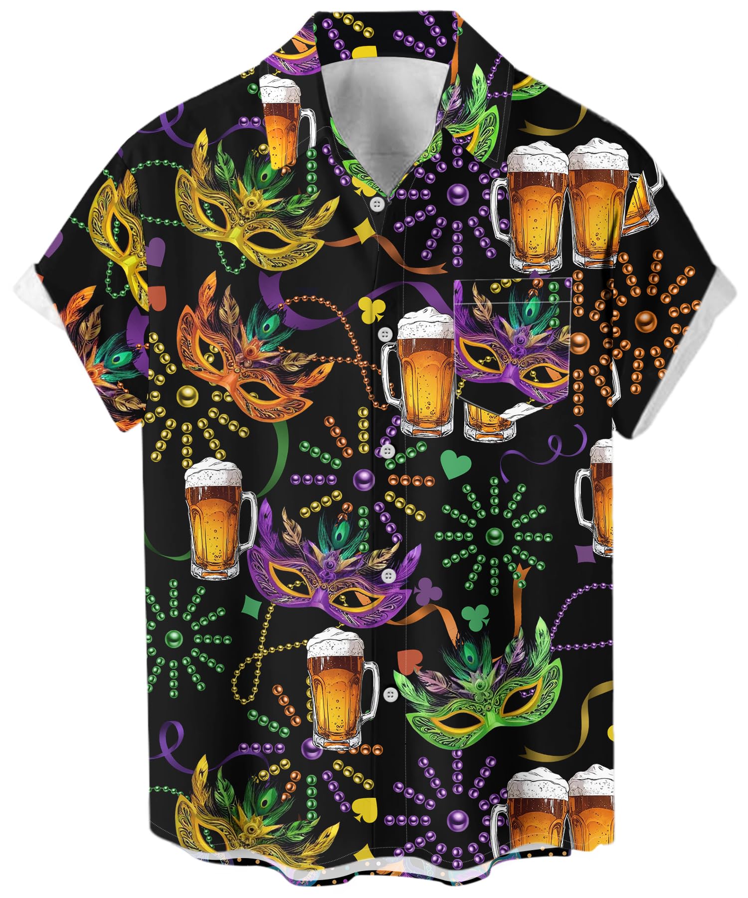 Whoinshop Purple Mardi Gras Shirt for Men Button Down Short Sleeve Hawaiian Shirts, Gold Balck Purple, S