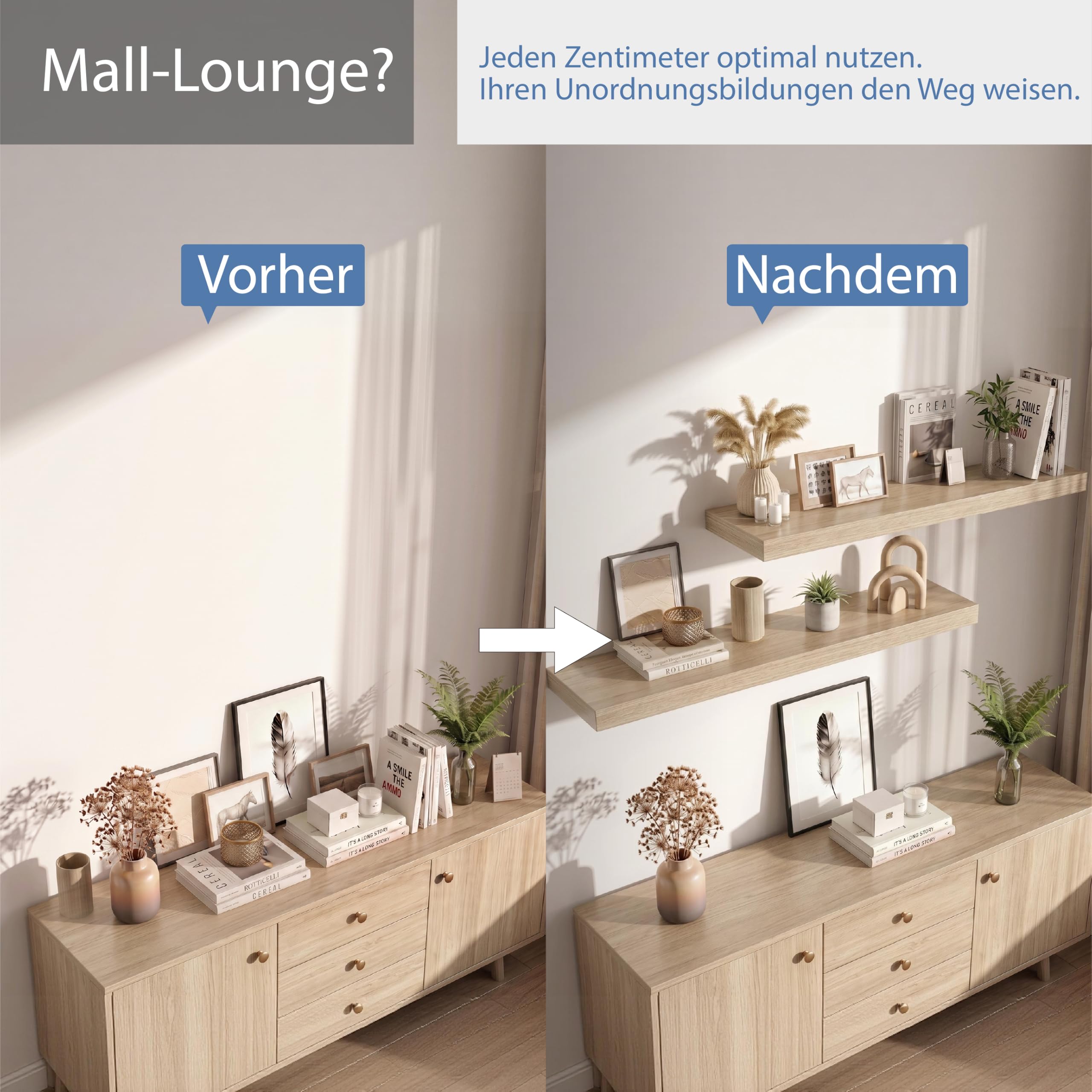 Wandregal Eiche 90 cm, 2er Set Schweberegal mit unsichtbarer Halterung, modernes Wandboard für Bücher, Bilder & Deko, Hängeregal für Wohnzimmer Küche Bad Kinderzimmer