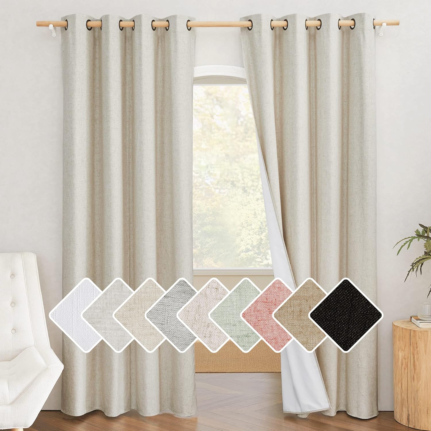 NICETOWN Natural 100% Blackout Linen Curtains 84 inch Long Burg for Living Room, 2 Panels, 52" Wide, Farmhouse Thick Completely Blackout Window Treatment Thermal Insulated Warm Drapes for Winter 52"W x 84"L (Pack of 2) Natural
