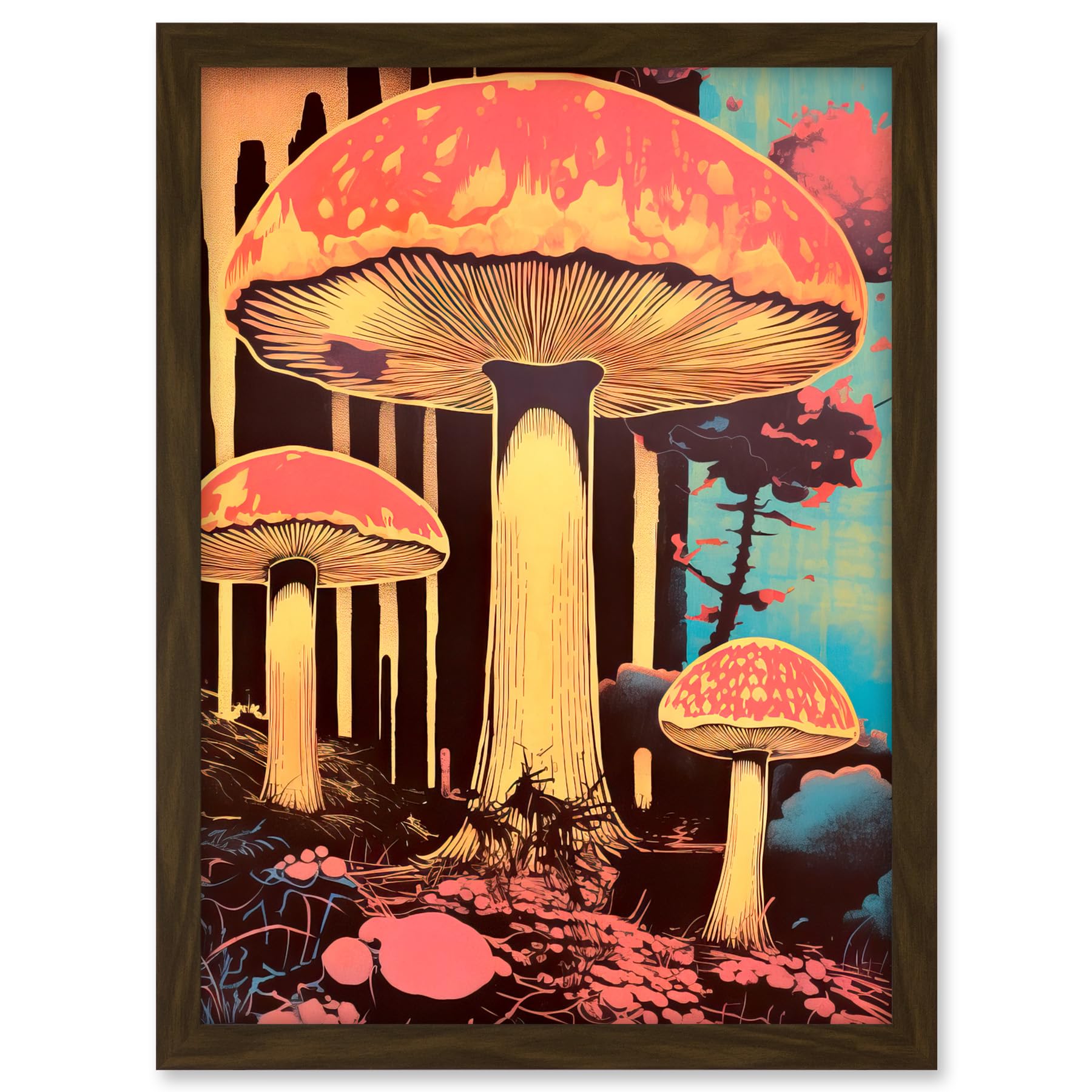 Artery8 Red Mushroom Fungi Pink Blue Bright Psychedelic Nature Kitchen Artwork Framed A3 Wall Art Print