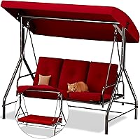 Maple99 3-Seat Porch Swing with Canopy - Convertible to Glider Bed, Thick Cushions & Pillows, 750lb Capacity - Burgundy Outdoor Patio Swing