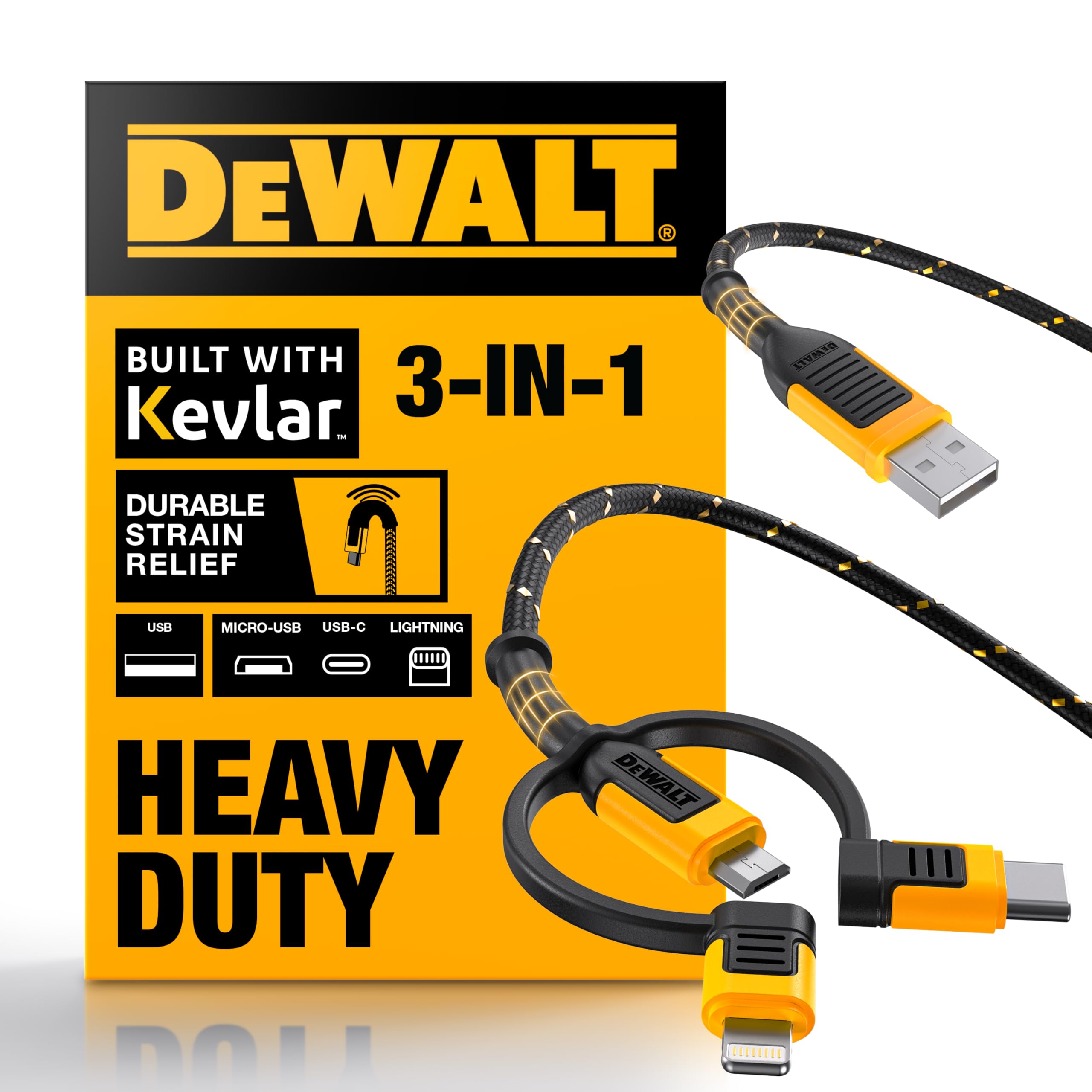 DEWALT Reinforced 3-in-1 Cable for Lightning, USB-C and Micro-USB, 6 ft.