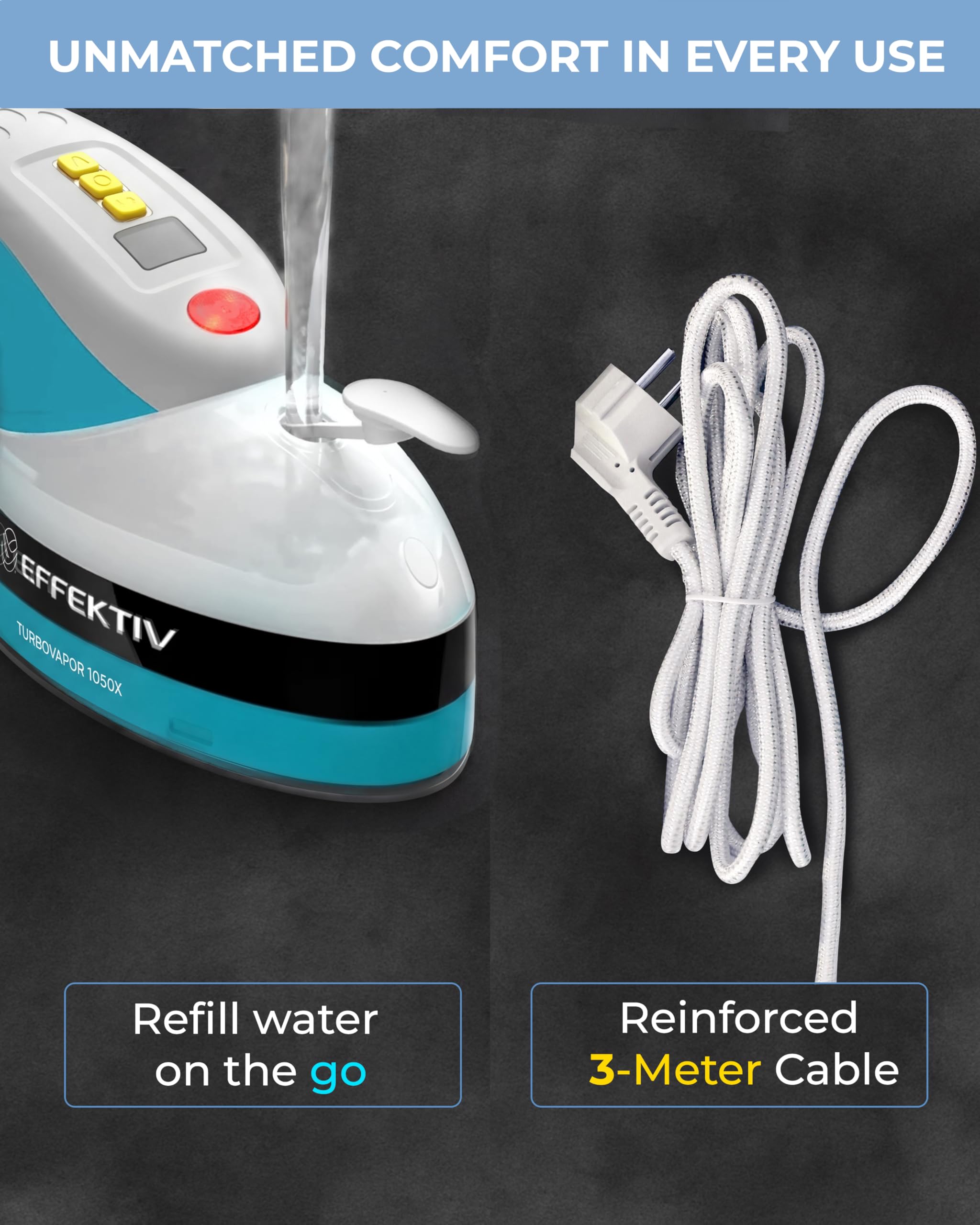 Effektiv Vertikales Dampfbügeleisen, 1800 W, 3-in-1, Keramikplatte, Dampfbürste, Tank 250 ml, kontinuierlicher Dampf 750 mg/s, LED-Display, automatische Abschaltung, Kabel 3 m