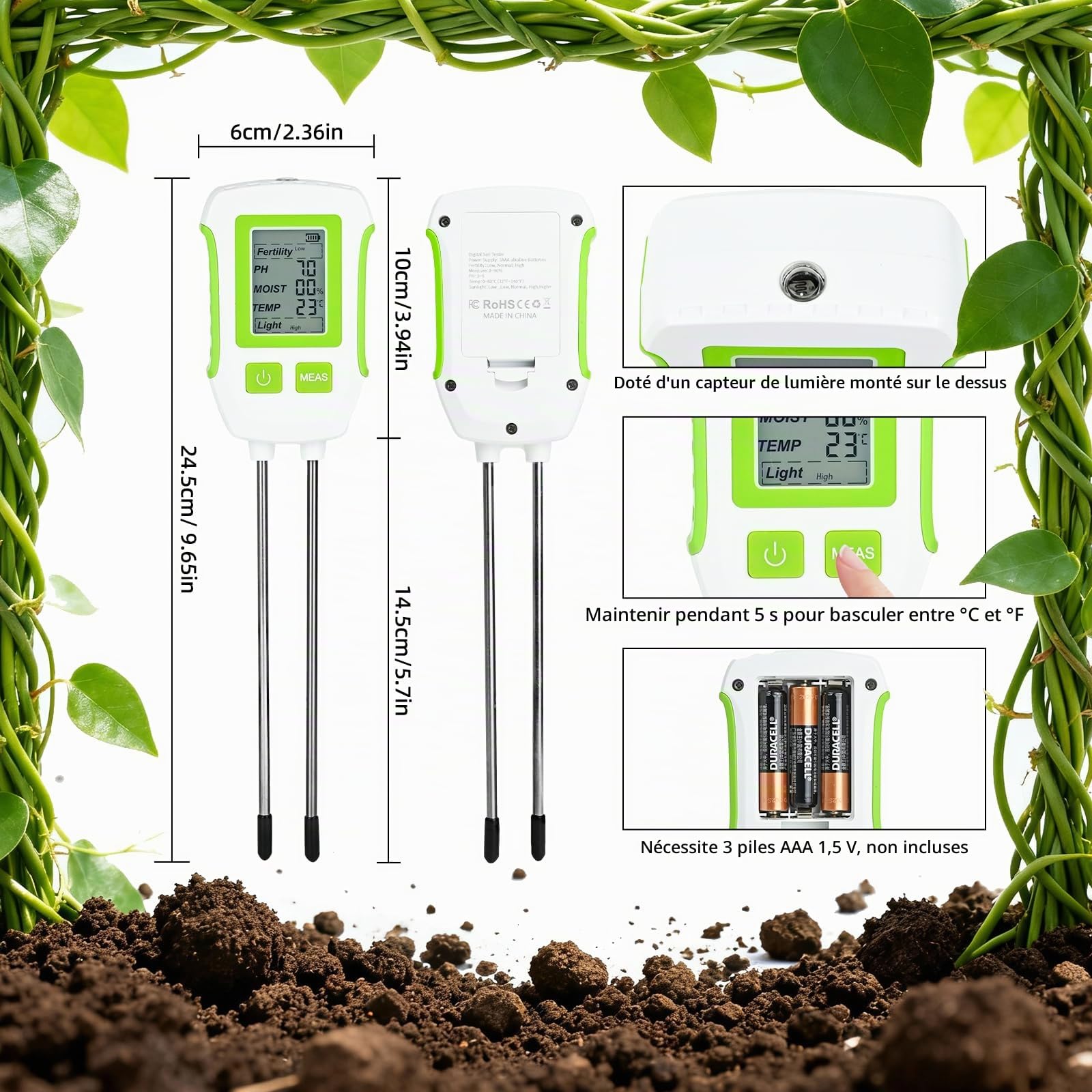 PATEMZON Testeur de Sol Numérique 5 en 1, Testeur Humidité Sol Plante, Mesure pH du Sol, Fertilité du Sol/Humidité/pH/Température/Lumière Solaire, Hygrometre Plante pour Jardinage Ferme Pelouse
