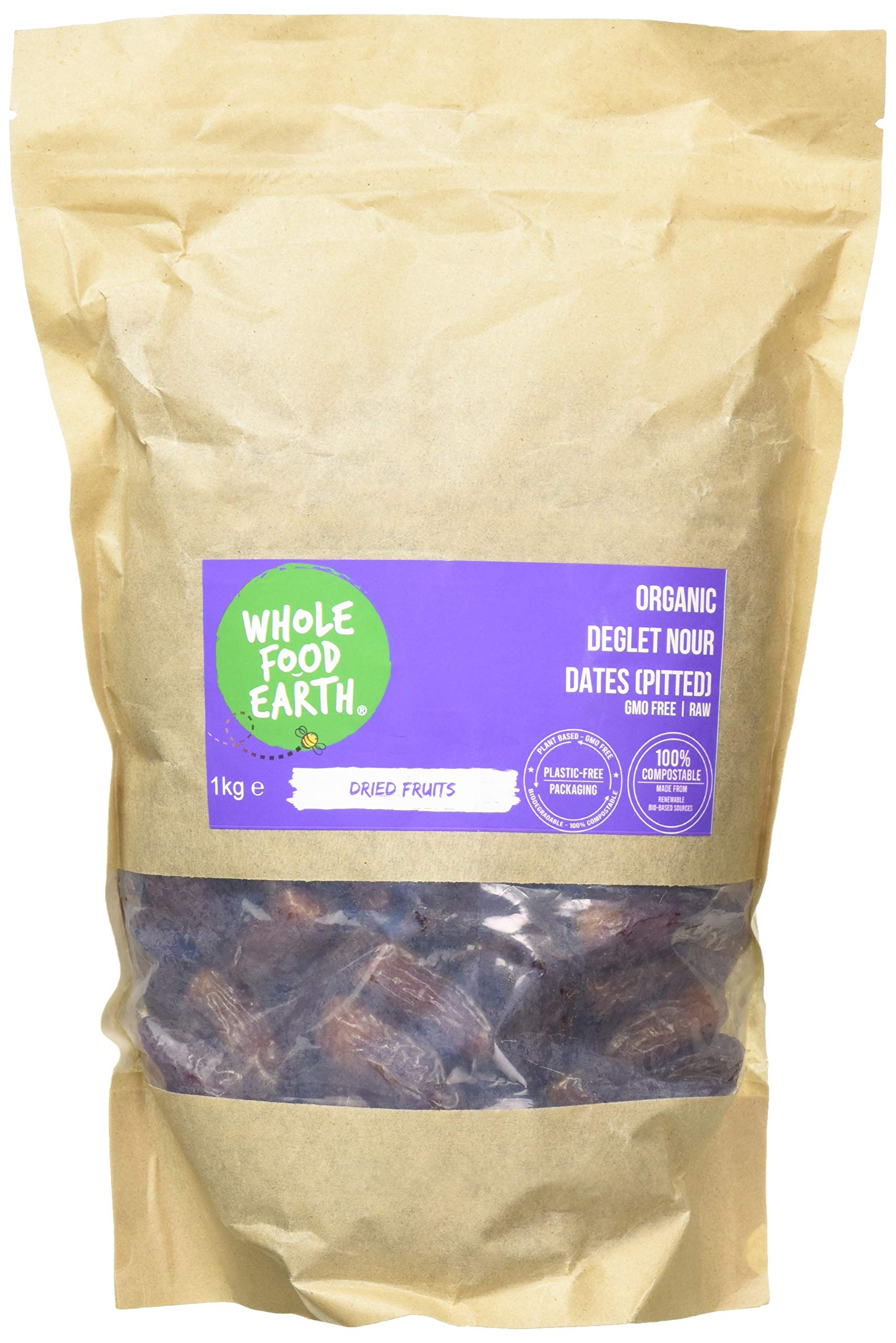 Wholefood Earth Organic Dried Deglet Nour Dates (Pitted) – 1 kg | GMO Free | Raw | Vegan | High Fibre | Certified Organic