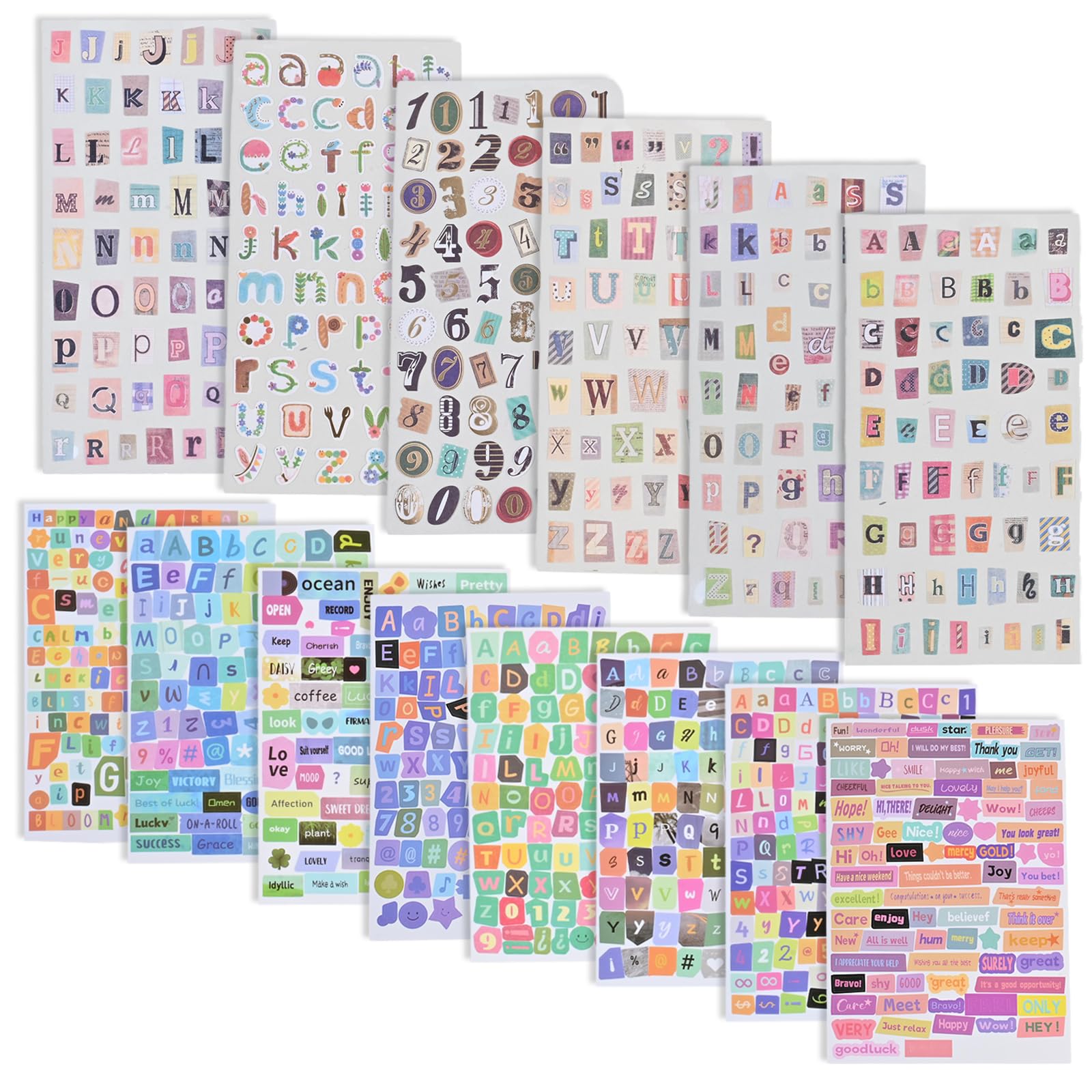 FooYee 20 Sheets Vintage Alphabet and Number Scrapbook Stickers, Self-Adhesive Decorative Labels with English Letters, Symbols, Graffiti for Journal, DIY Crafts, Notebook, Classroom, Door Decor