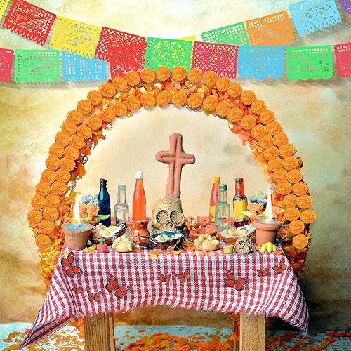 Miniatura 7 de Juego de 338 piezas de decoración del Día de los Muertos, 300 flores artificiales de caléndula 10 unidades, guirnalda de caléndula artificial de 5