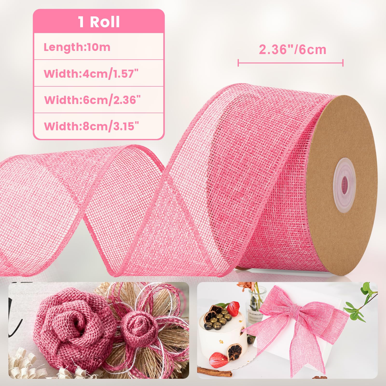 jijAcraft 6.4CM Pink Wired Burlap Ribbon: 10m Wired Hessian Ribbon Roll Natural Hessian Ribbons Rustic Burlap Ribbons for Gift Wrapping Bows - Image 2
