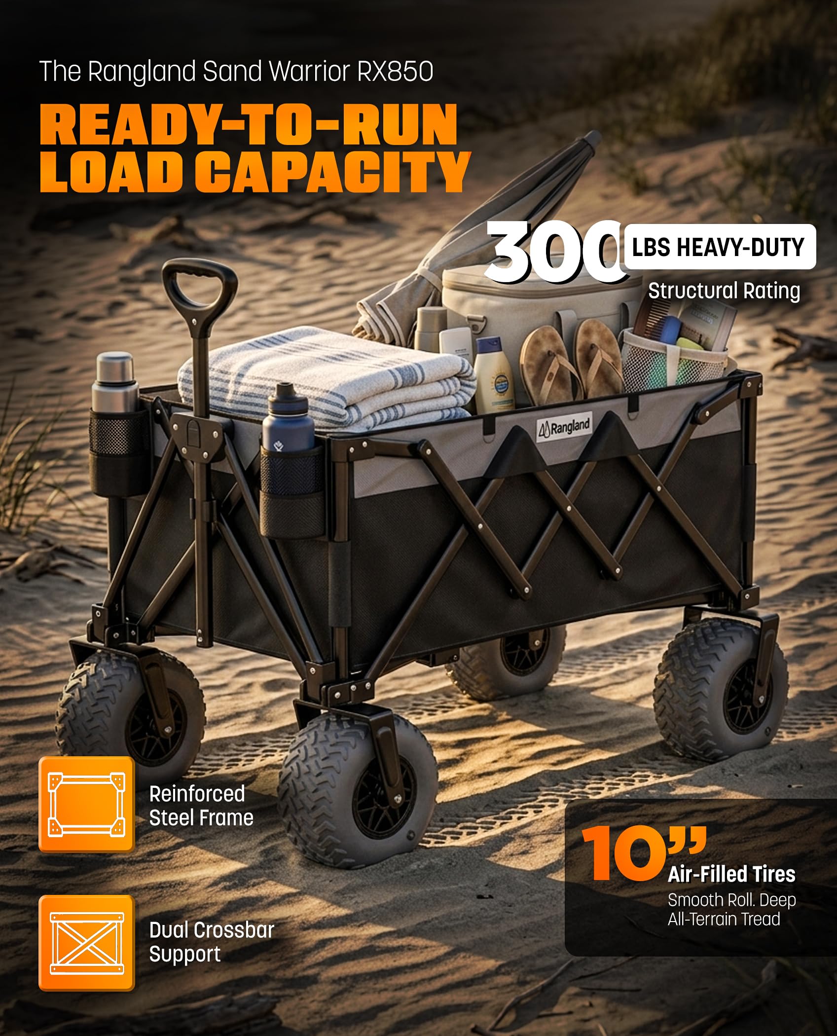 Beach Wagon - Carrello pieghevole per tutti i terreni con ruote grandi per sabbia e ghiaia, capacità 136 kg, colore: nero/grigio