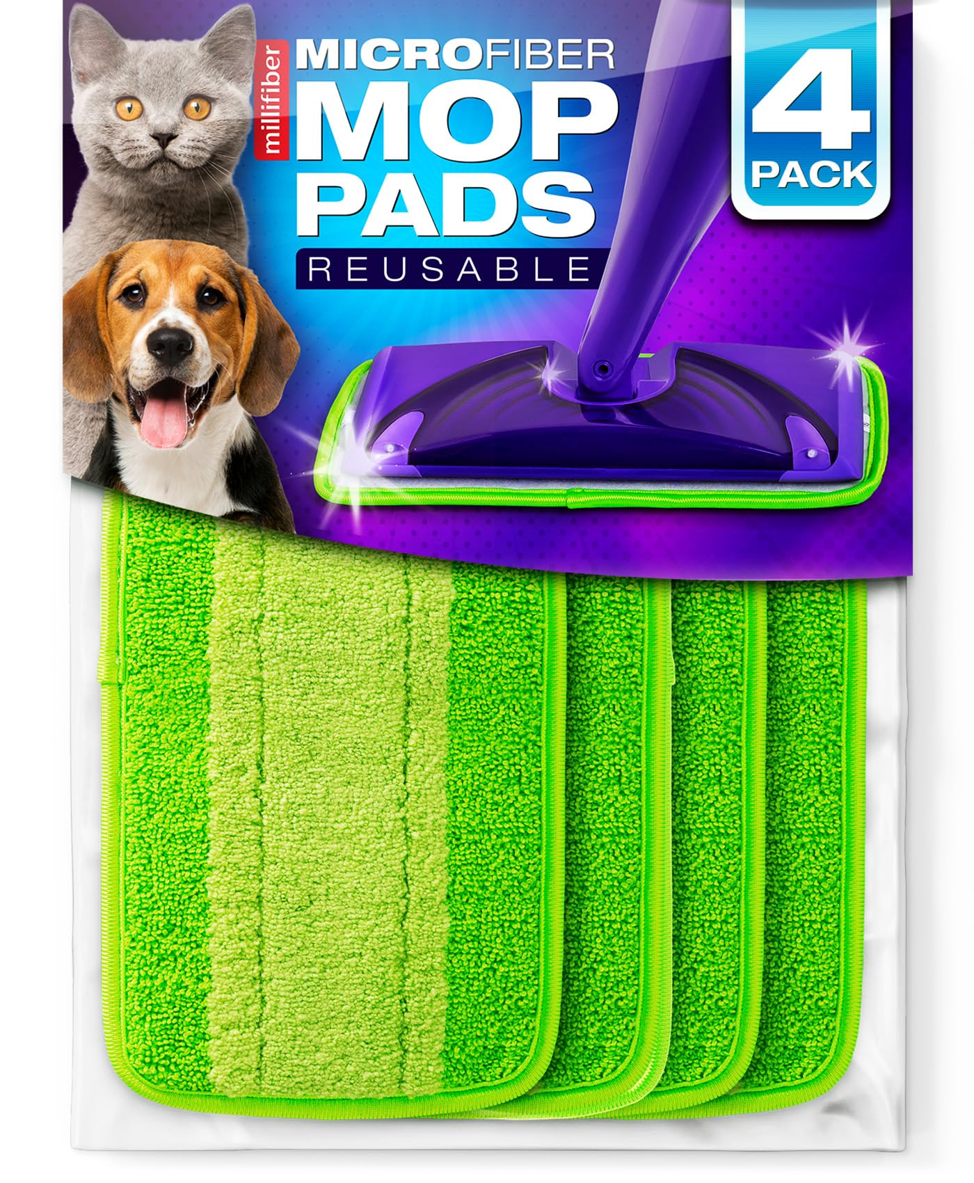 Reusable Mop Pads Compatible with Swiffer WetJet (4 Pack) - Microfiber Mop Refill for Wet Mopping Cloths - Hardwood Floor Cleaning Spray Pads Reusable Replacements - Green