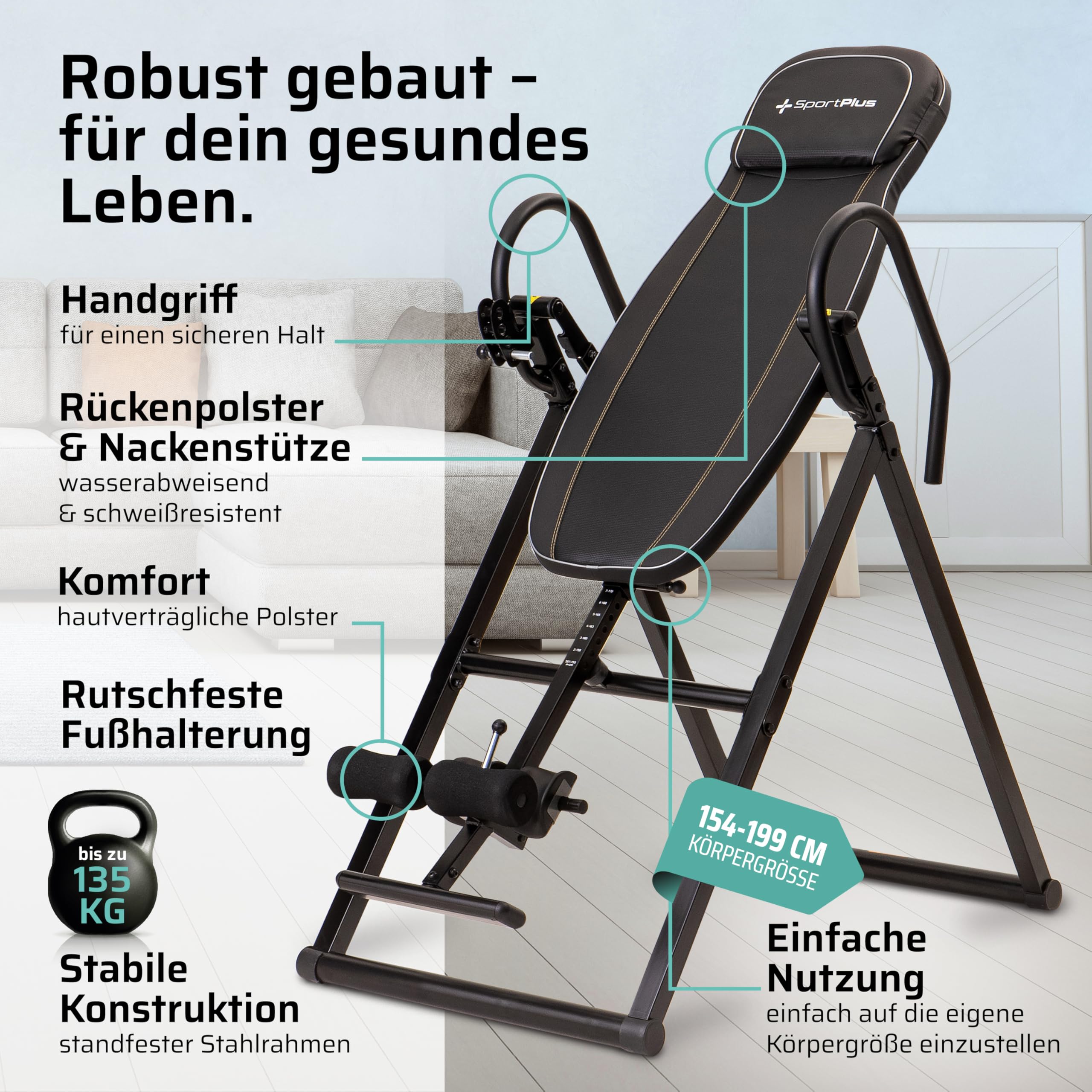 SportPlus Inversionsbank, klappbarer Schwerkrafttrainer, Inversion Table mit 4 Inversionswinkel, Streckbank zur Entlastung der Wirbelsäule, Nutzergewicht bis 135 kg, Rückenstrecker