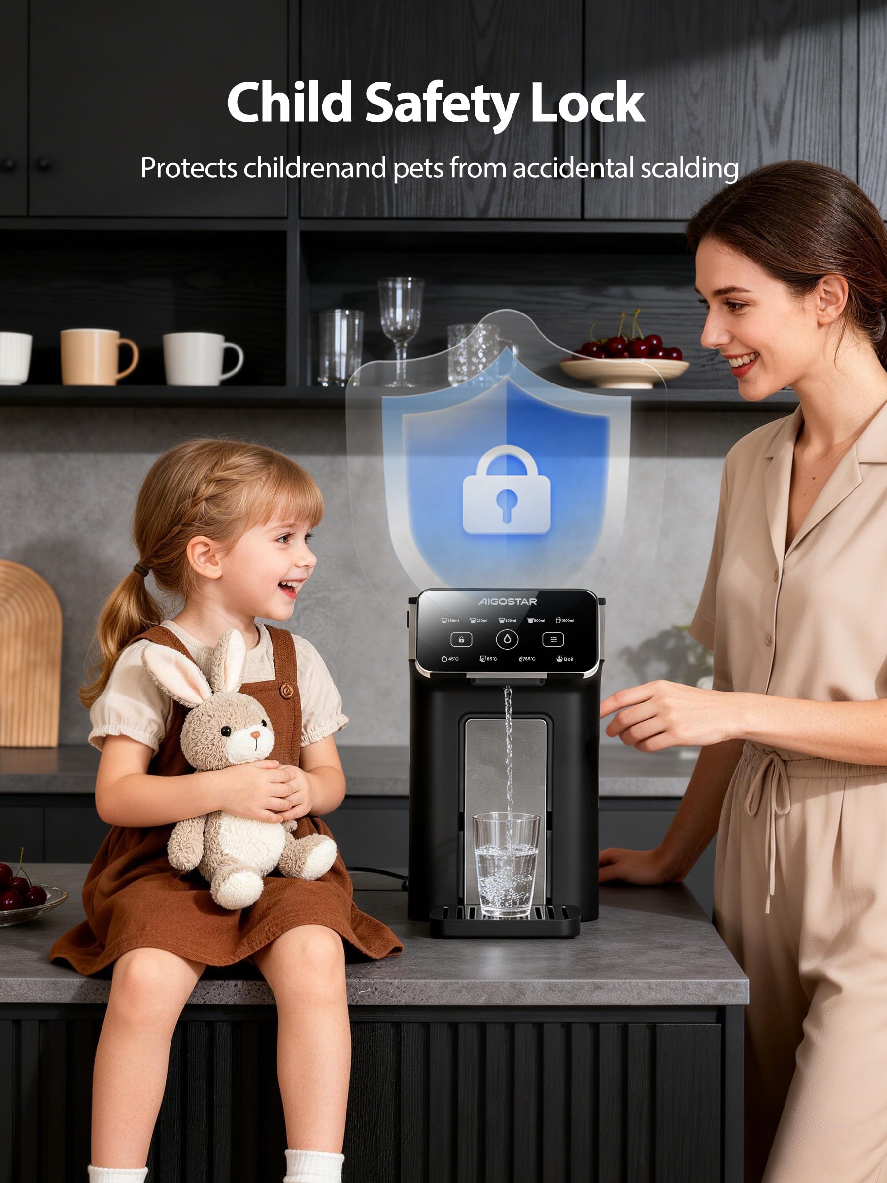 Aigostar - Distributeur d'Eau Chaude Instantané 3L Inox, Eau Chaude en 3 Secondes, 4 Températures Réglables 45-100°C, 5 Volumes 100-1000ml, Écran Tactile, Plateau Réglable en Hauteur, Sécurité Enfant