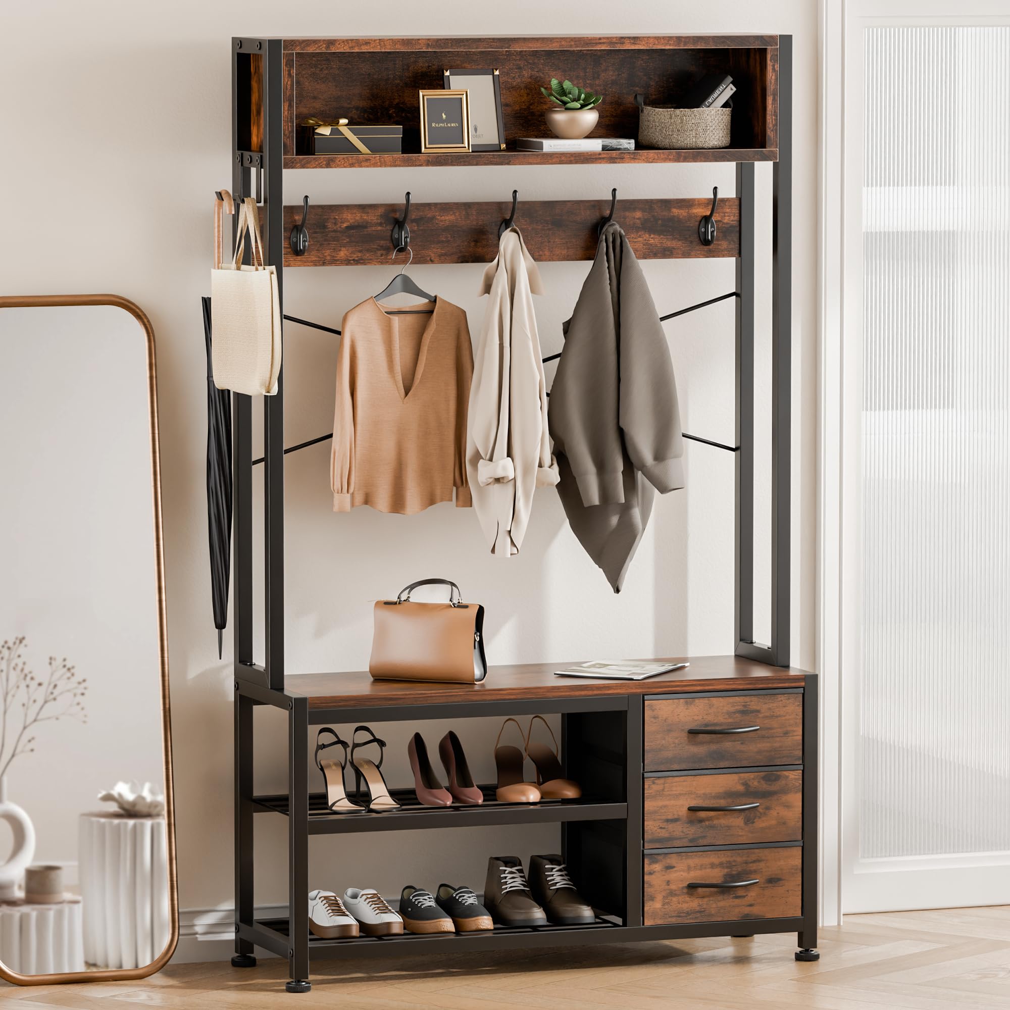 Garderobenständer mit Schuhablage, Garderobe mit Sitzbank, 12 Haken, 3 Schubladen und 1 Ablagefläche, Metallrahmen, 30 x 80 x 180 cm, für Flur Eingänge (Rustikal Braun)