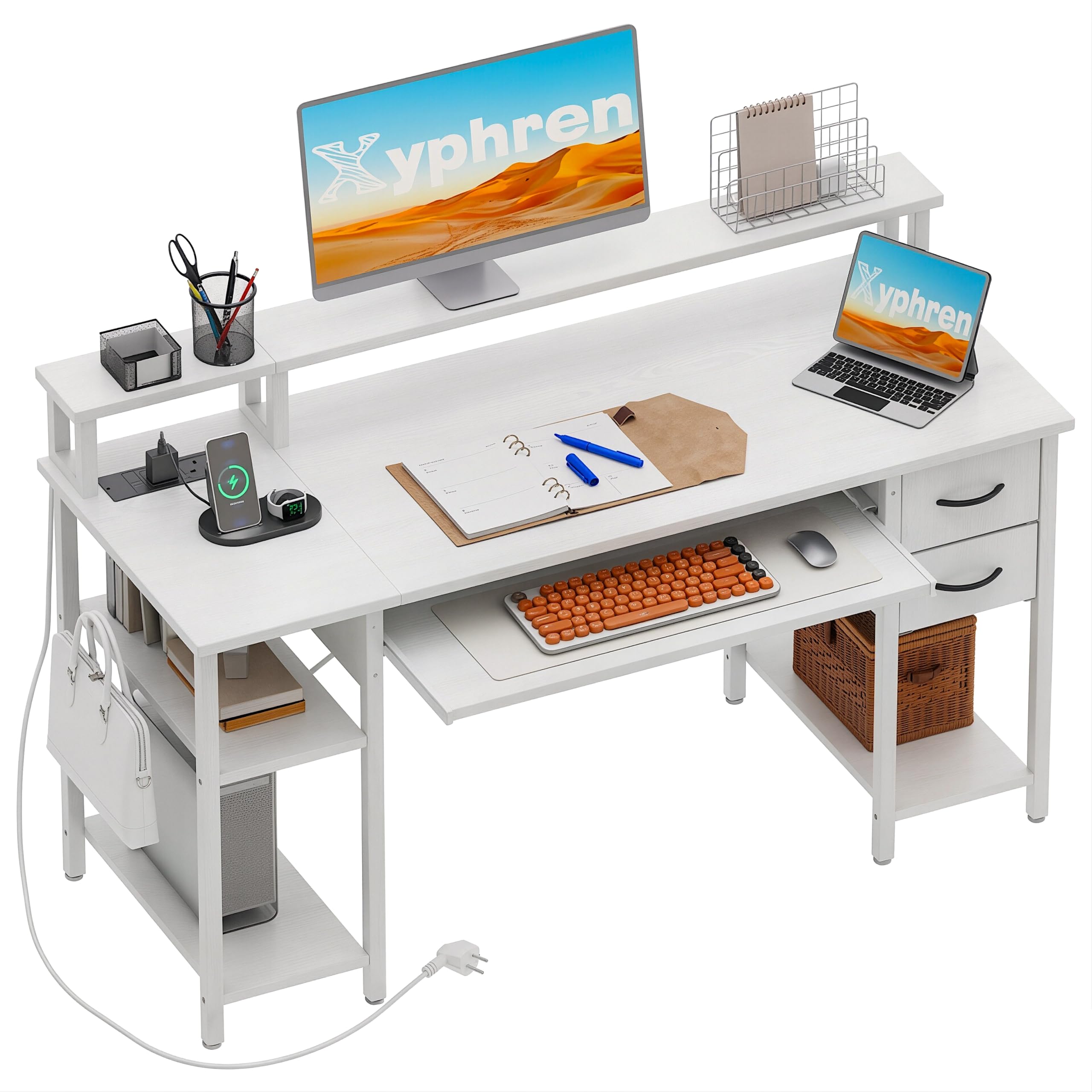 Xyphren Computer Desk with Drawers & Power Outlets, Office Desk with Storage Monitor Stand, Reversible Small Desks for Home Office Bedroom, 120 * 50cm, White