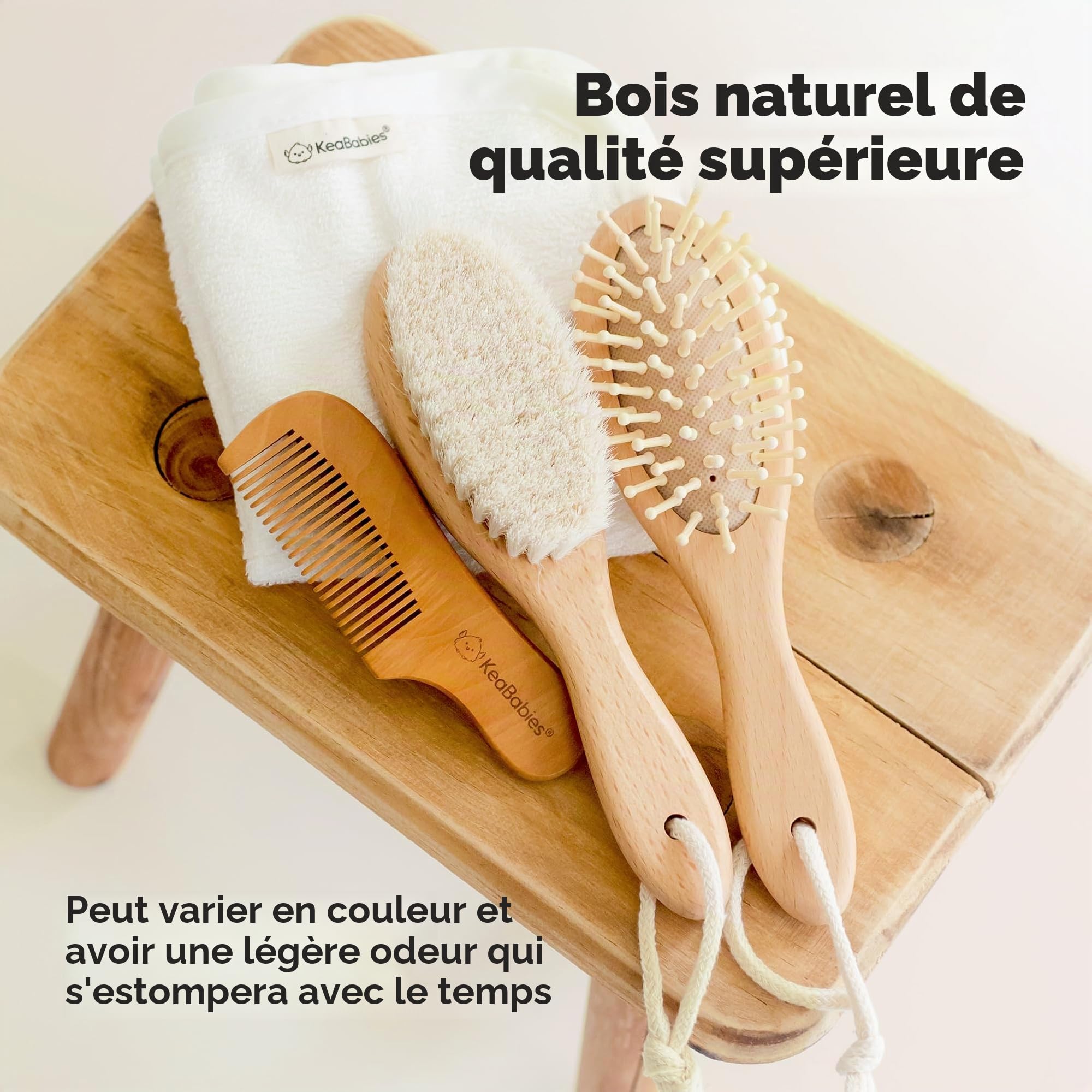 Brosse à Cheveux Bébé Pour Nouveau-né - Brosse à cheveux en bois naturel avec poils de chèvre doux pour berceau - Kit de toilettage parfait du cuir chevelu pour nourrissons, tout-petits et enfants