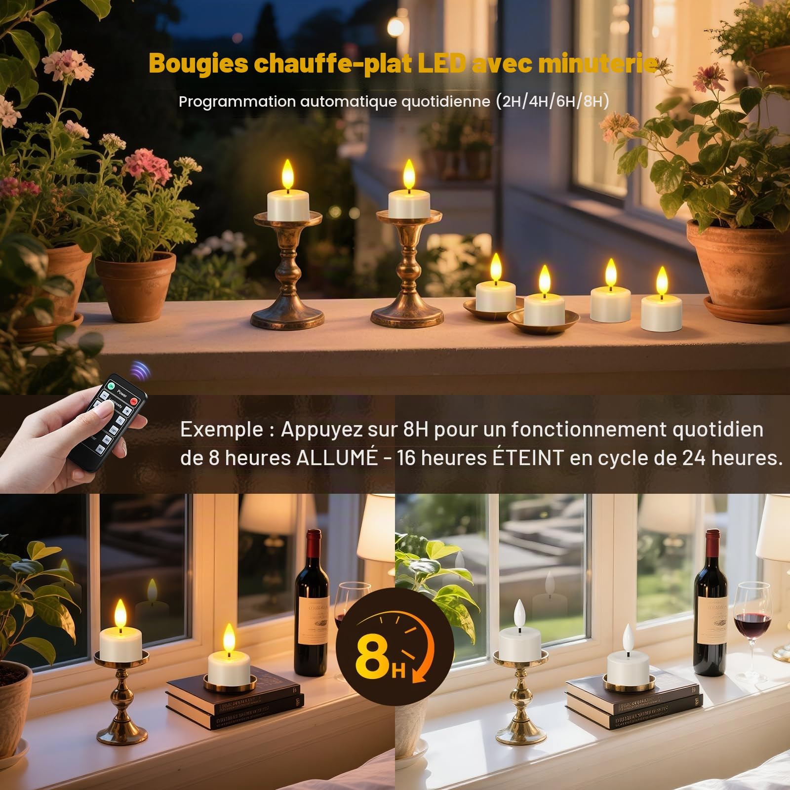 Yme 12 Bougie Chauffe Plat LED Rechargeable avec Station de Recharge Magnétique, Fausse Bougies à LED Flamme Vacillante Bougie Decorative Electrique avec Télécommande pour Deco Noel Maison Chambre